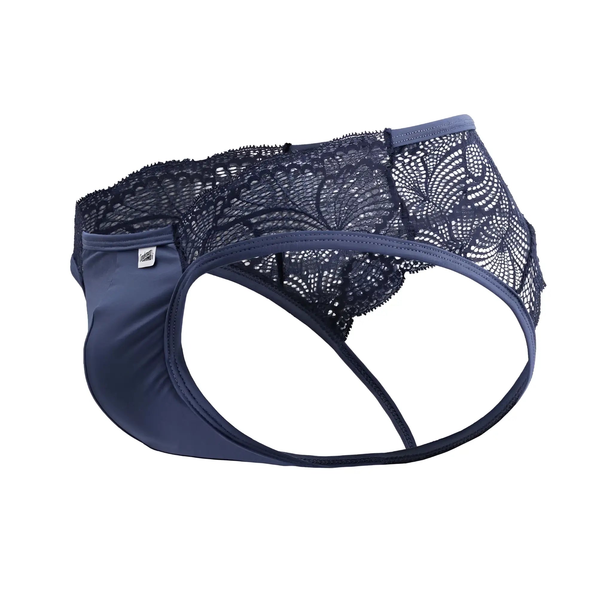 Navy blue CandyMan 99312 lace jockstrap briefs with smooth fabric front and delicate floral lace trim