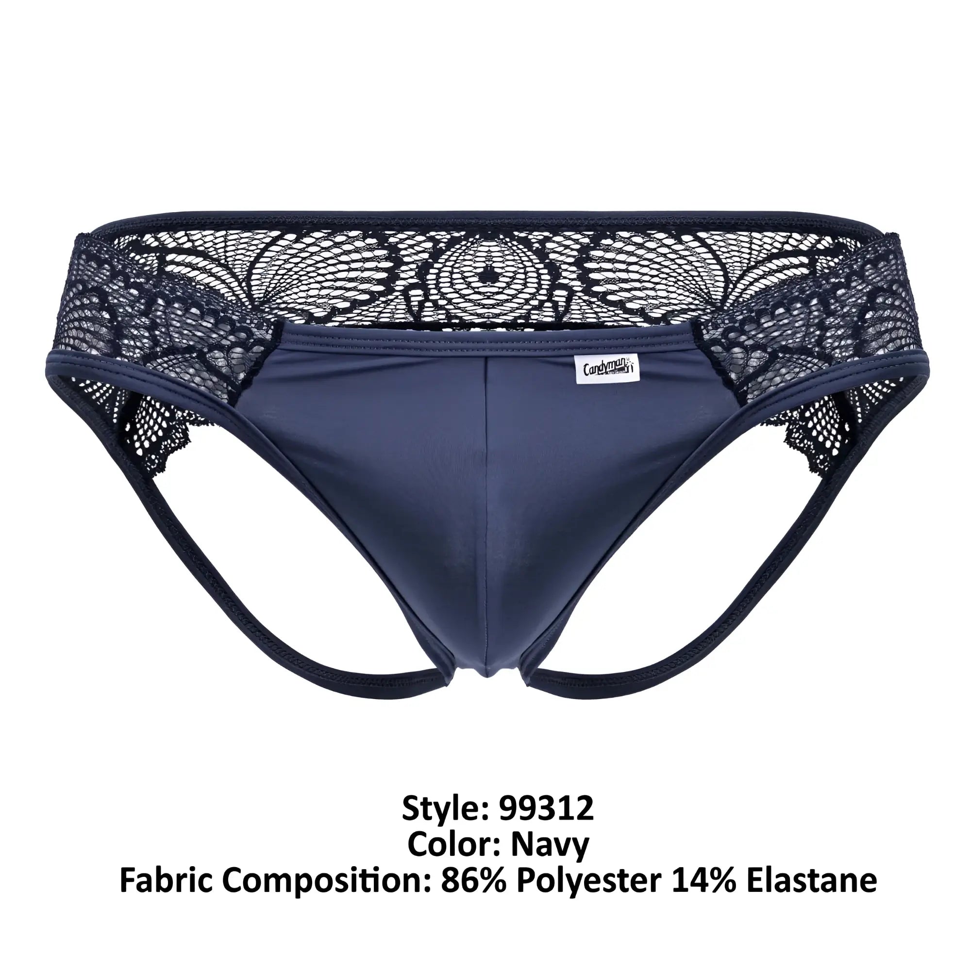 Navy blue CandyMan 99312 lace jockstrap briefs with smooth stretchy fabric and black floral lace waistband detail