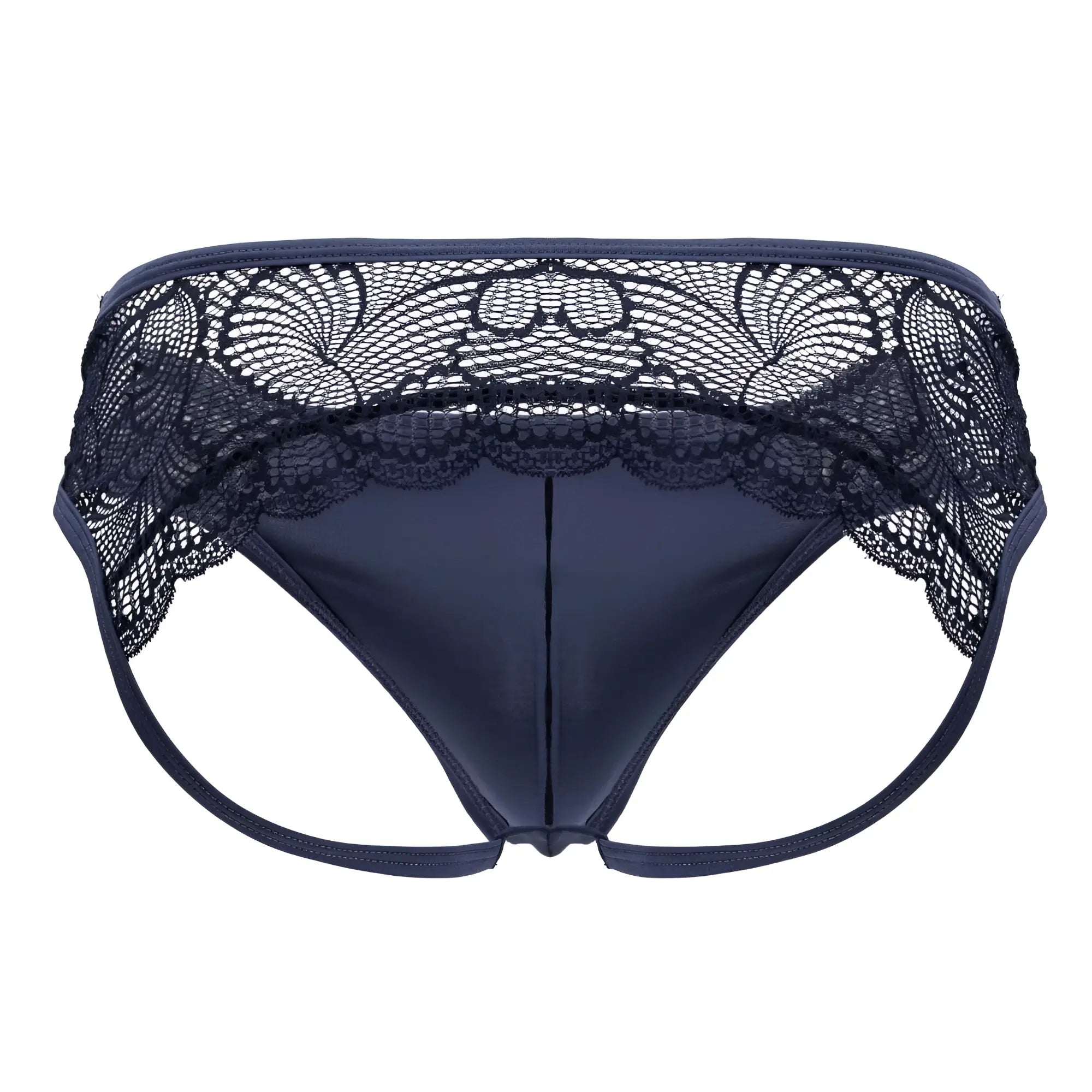 Navy blue lace jockstrap cotton CandyMan 99312 with satin fabric and floral lace trim on waistband shown from back