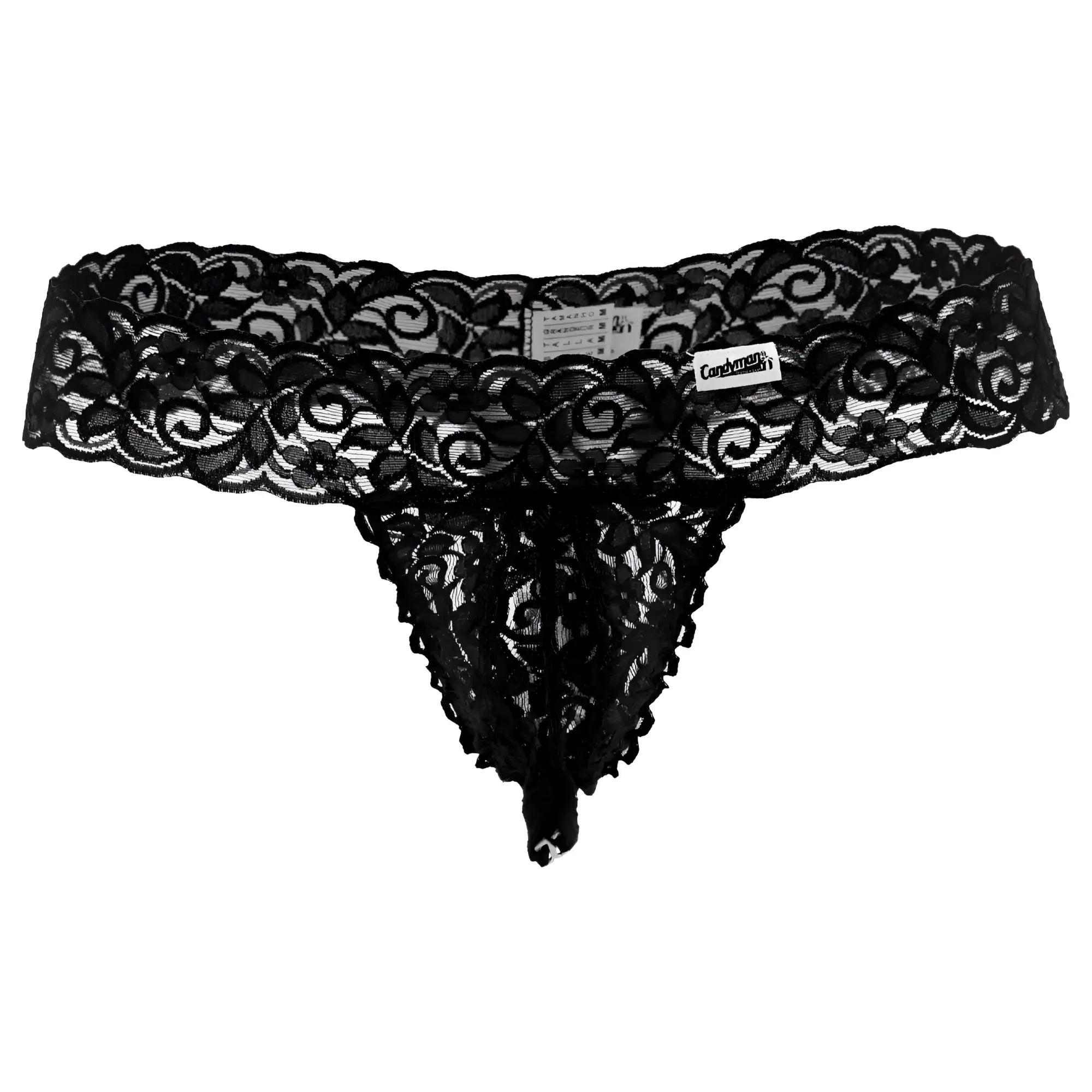 Black lace thong candyMan 99315 peek a boo thongs with intricate floral patterns and delicate sheer design in black