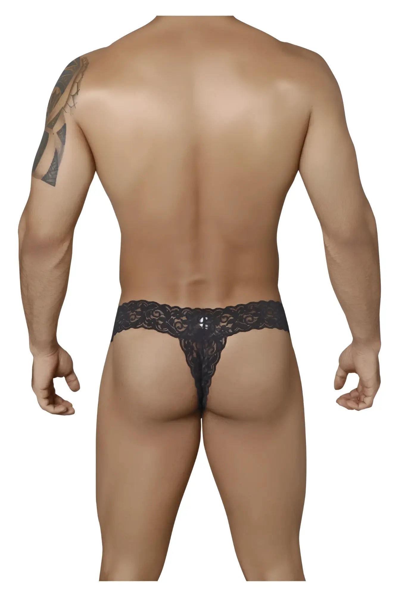 Black lace thong candyMan 99315 peek a boo thong with intricate floral patterns and decorative center embellishment