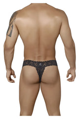 Black lace thong candyMan 99315 peek a boo thong with intricate floral patterns and decorative center embellishment