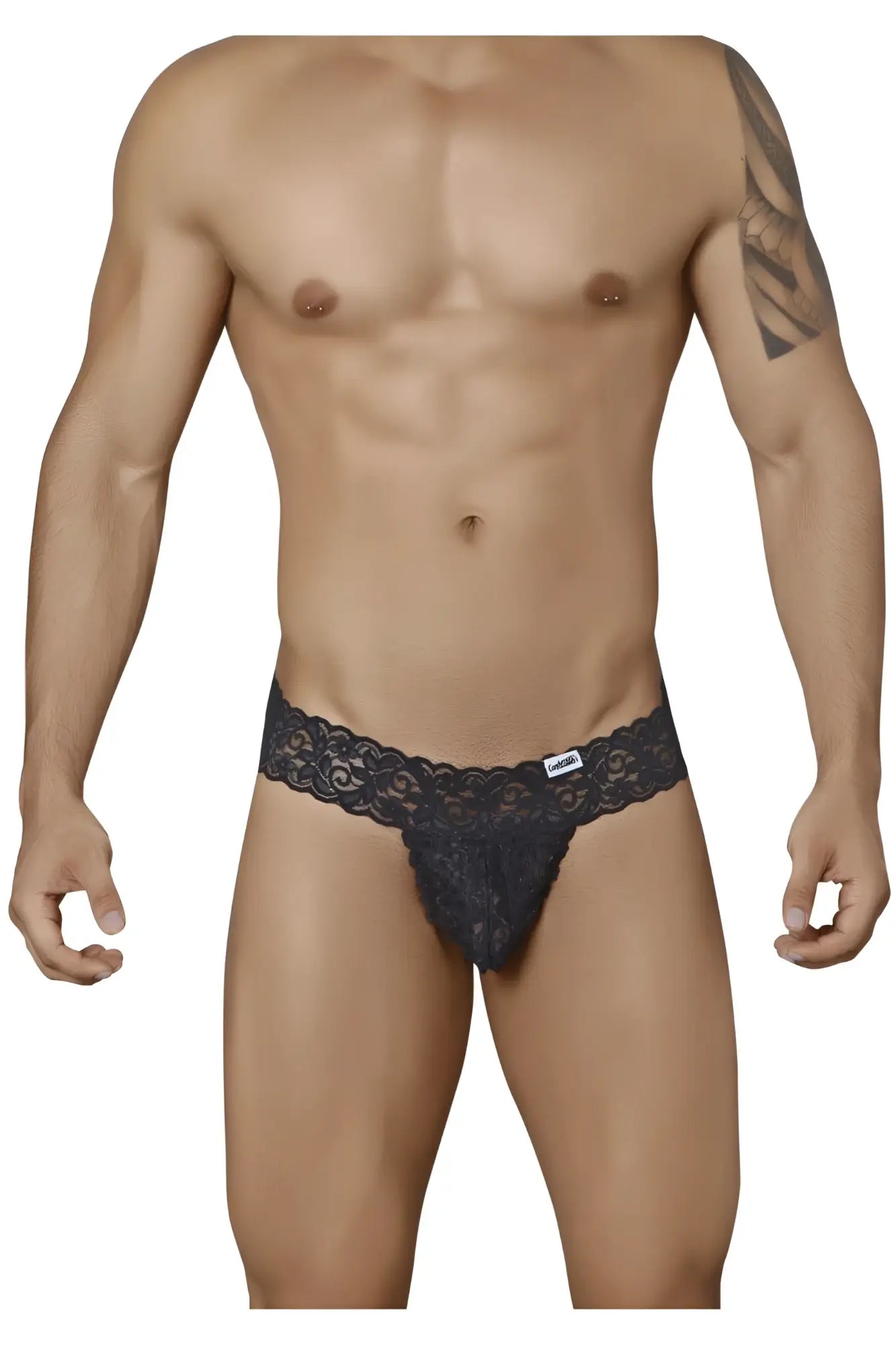 Black lace thong CandyMan 99315 with intricate floral patterns and a small brand tag on the waistband in black
