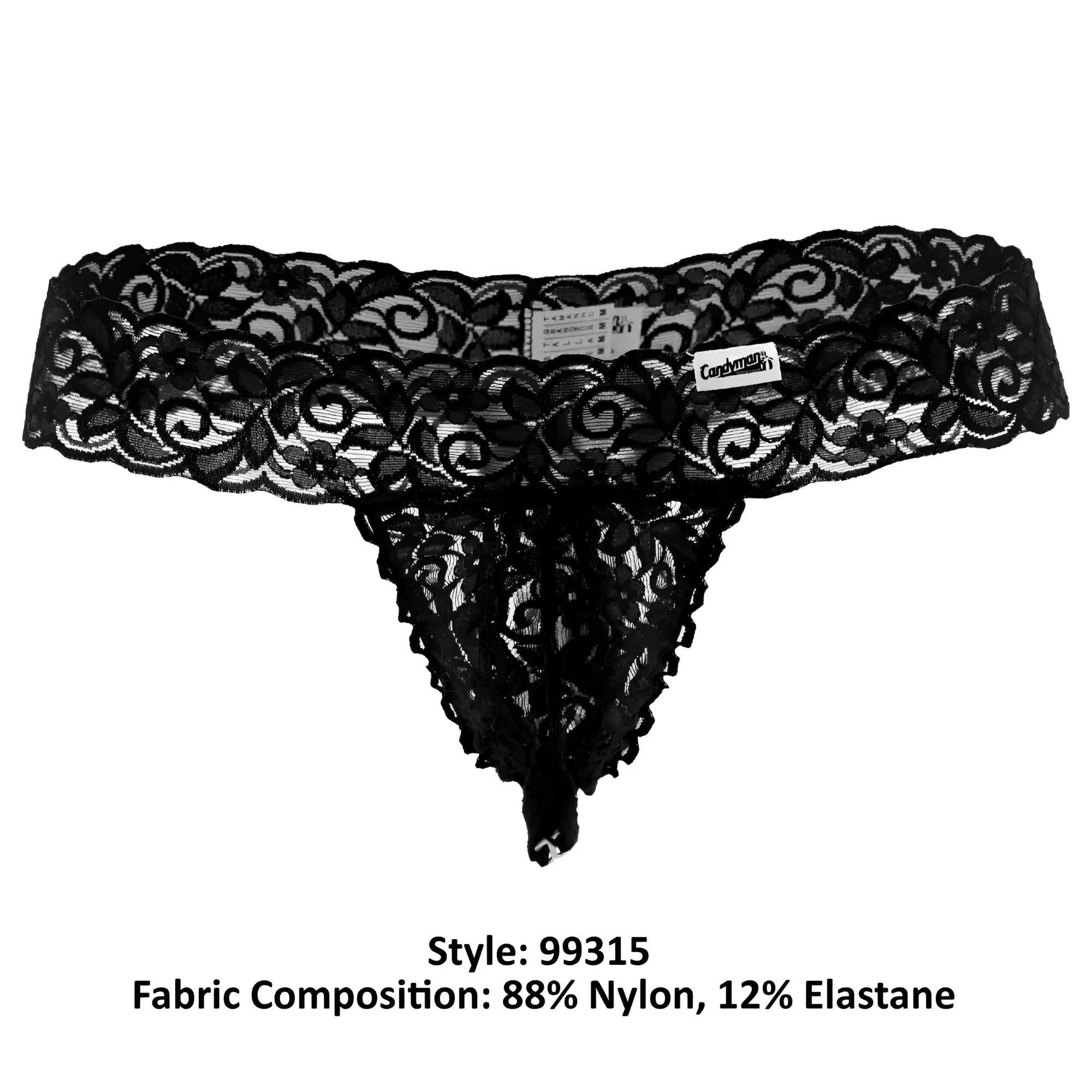 Black lace thong candy man 99315 peek a boo thongs with intricate floral patterns and sheer design in black