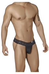 Black lace CandyMan 99315 peek a boo thong with intricate floral patterns and a white brand tag on the waistband