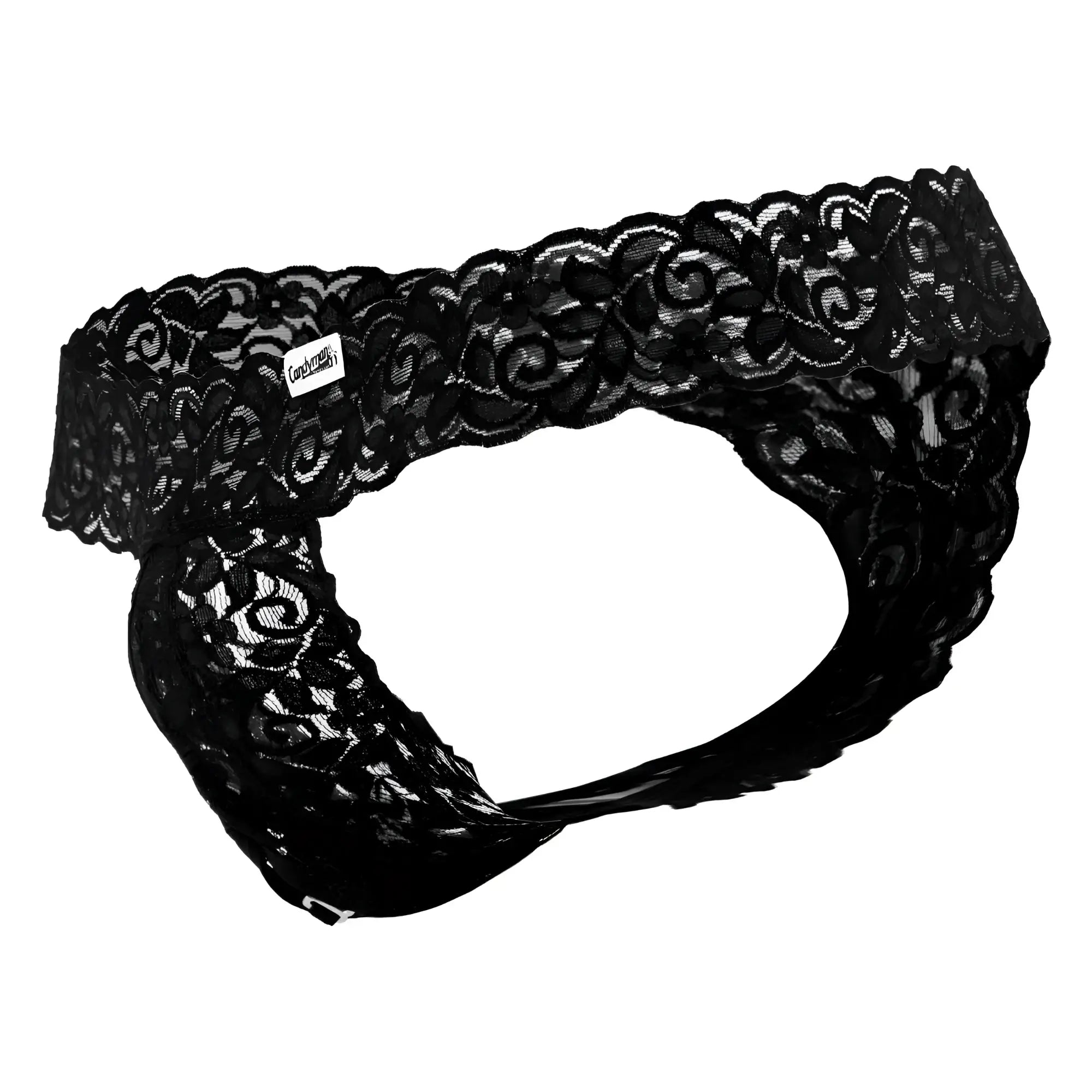 Black candyMan 99315 peek a boo thong with intricate floral lace patterns and delicate sheer fabric design