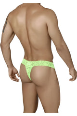 CandyMan 99315 peek a boo thong in bright neon green lace with a delicate floral pattern front view