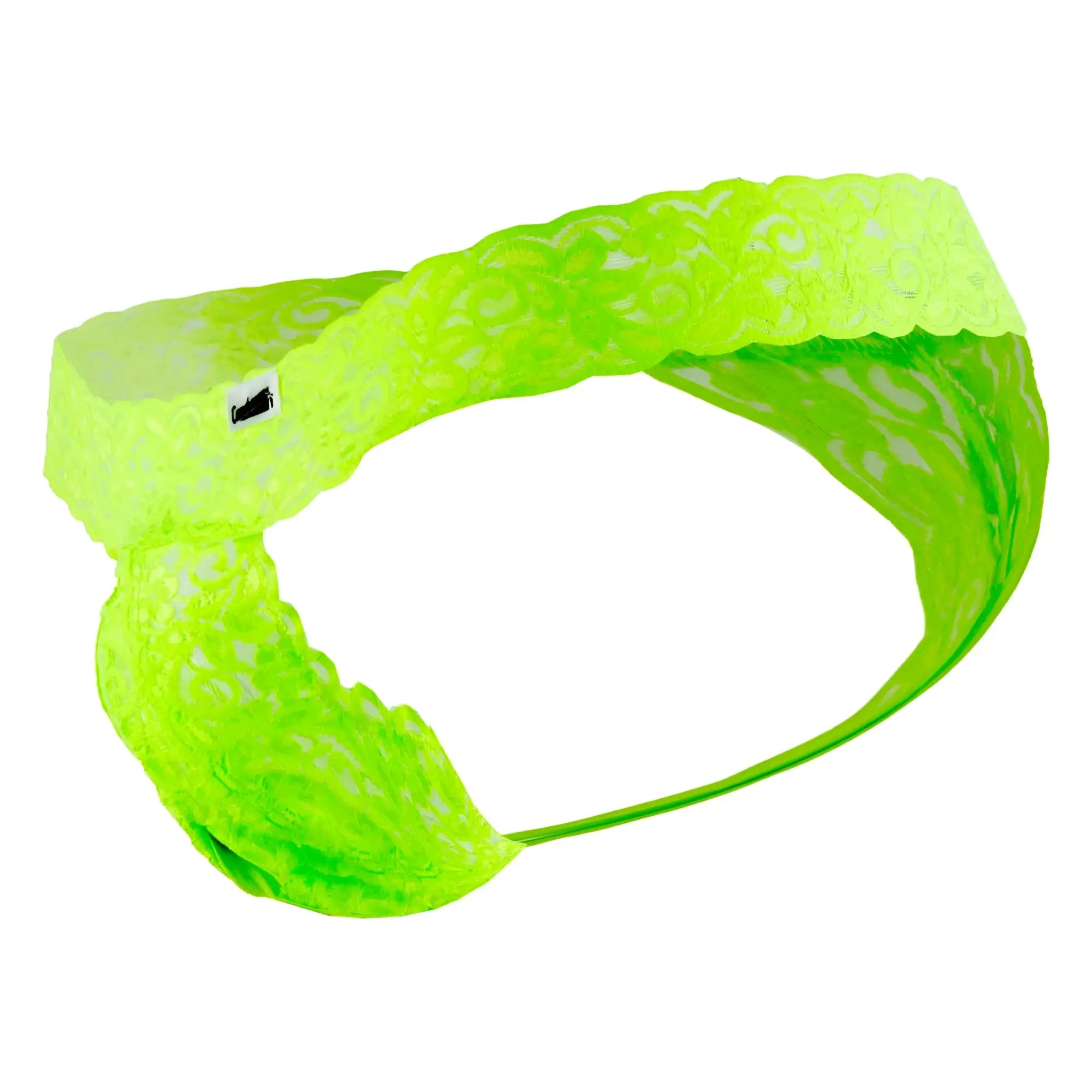 A neon green candy man 99315 peek a boo thong featuring a lace headband with an intricate floral pattern and flexible band