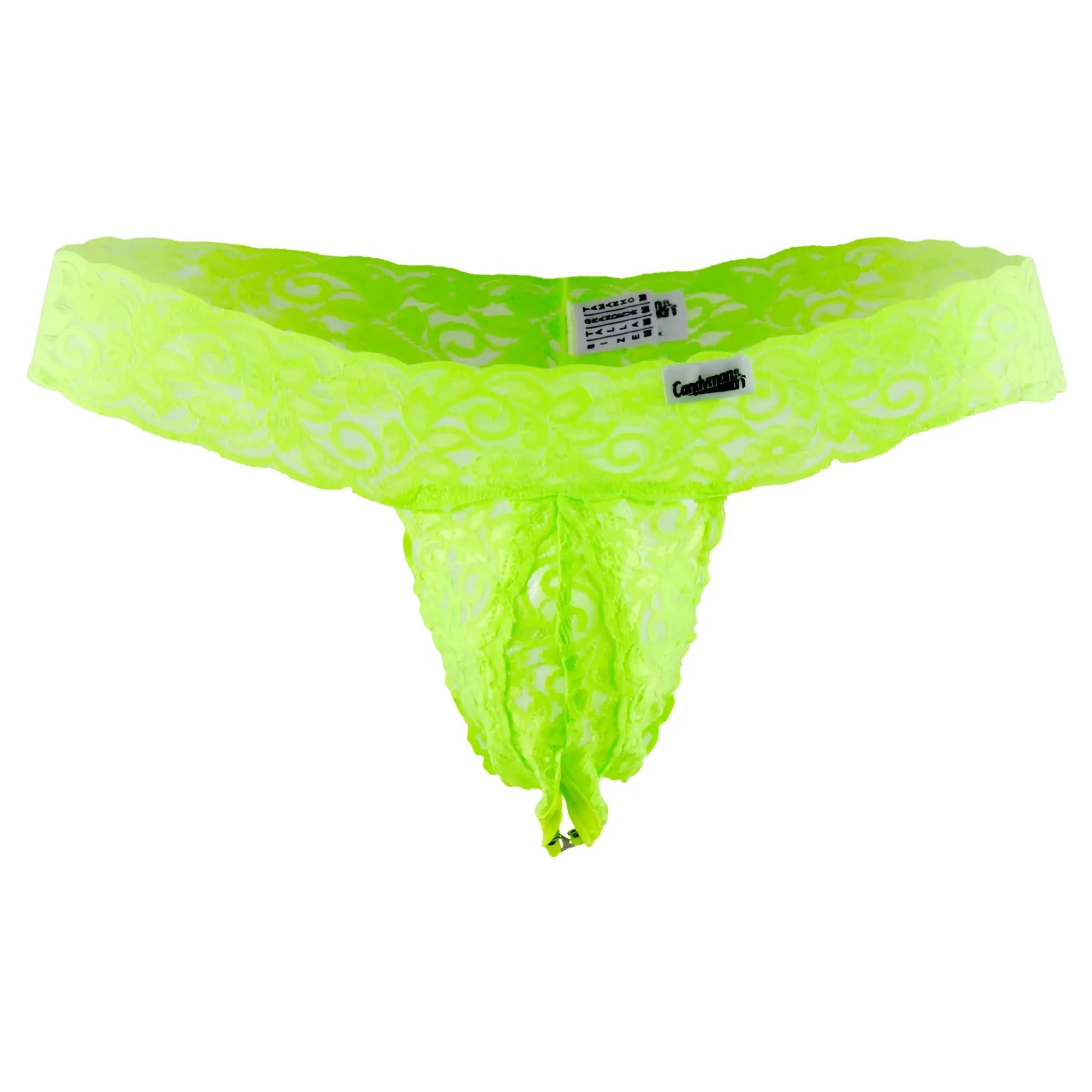 Neon green lace thong with intricate swirl patterns and candyMan branded tag from the 99315 peek a boo thongs collection