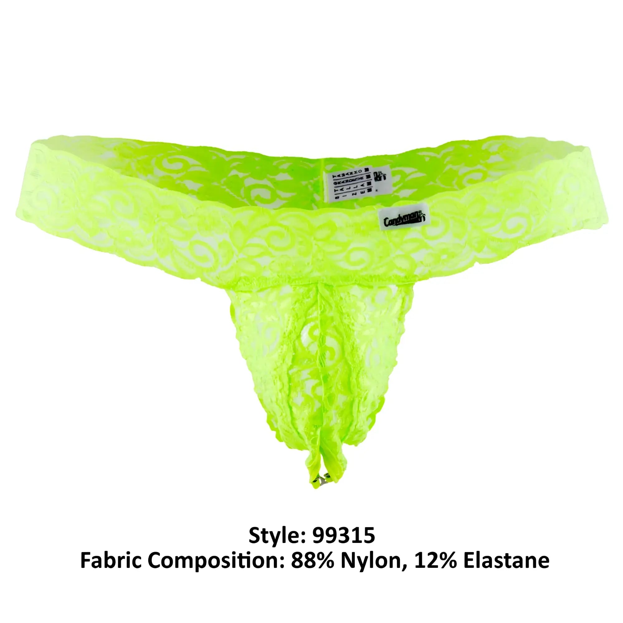 Neon green CandyMan 99315 peek a boo lace thong with intricate swirl patterns and branded waistband tag