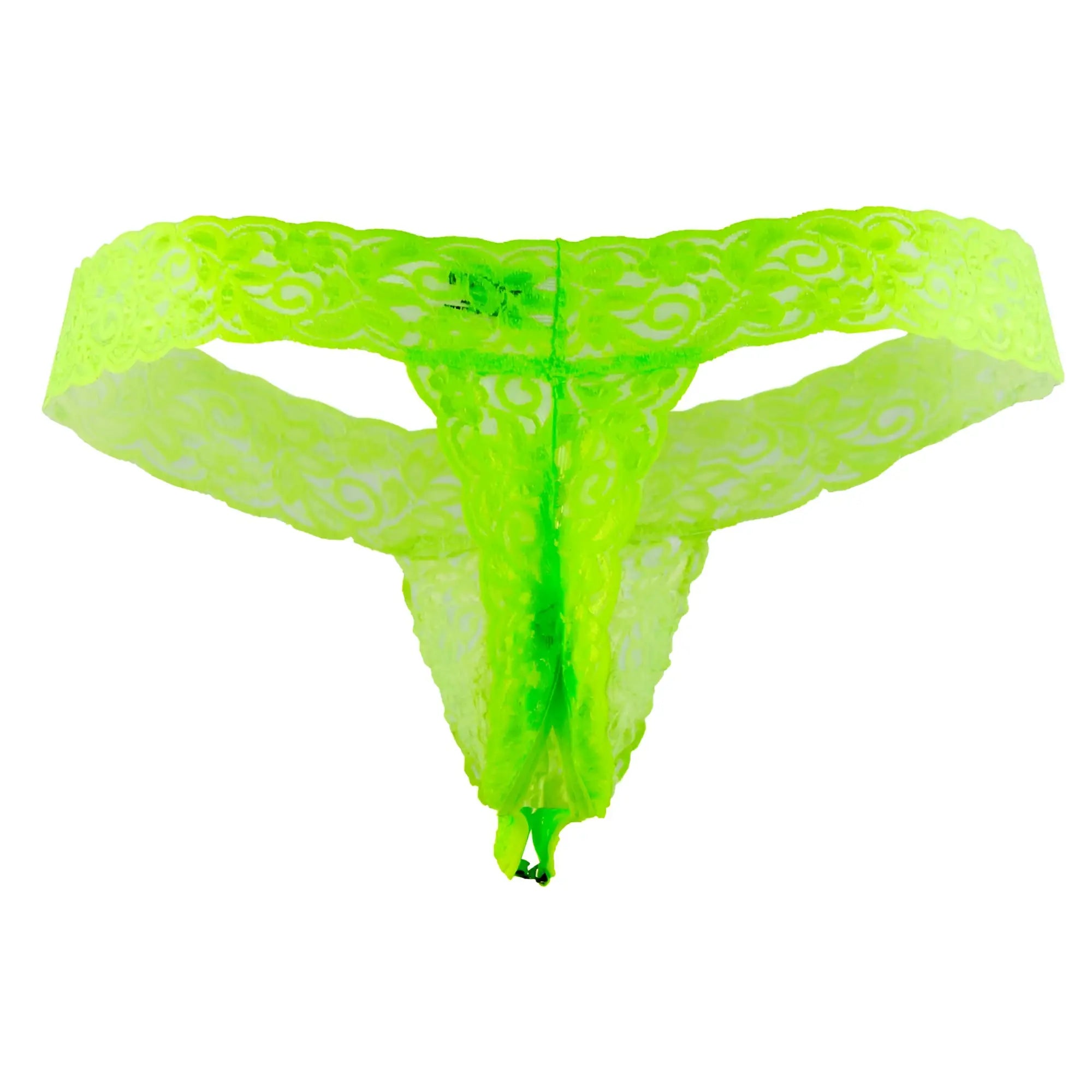 A vibrant neon green lace thong with an intricate swirling pattern candyMan 99315 peek a boo thongs