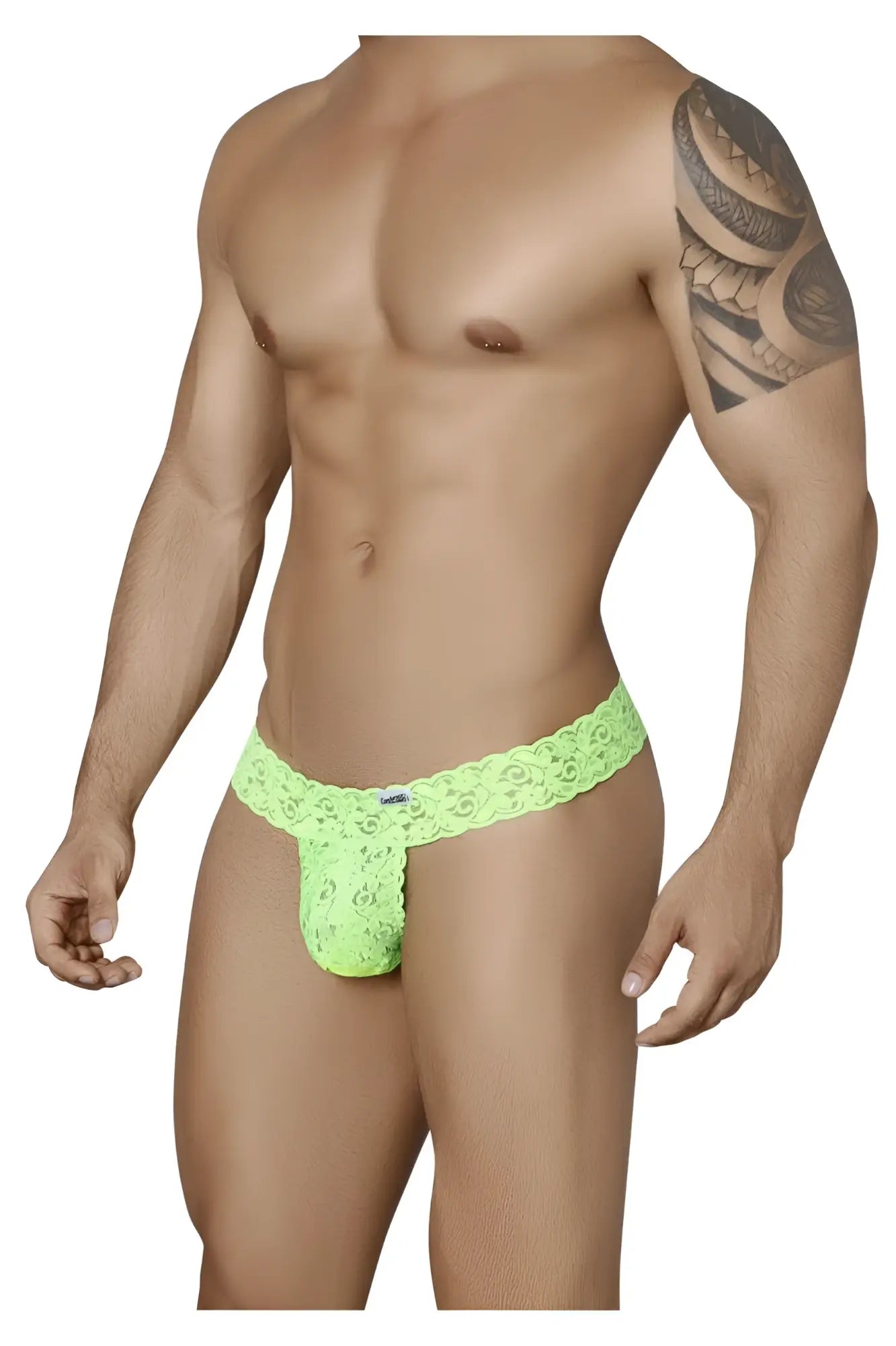 Vibrant neon green candyMan 99315 peek a boo thong with intricate lace floral patterns and a snug form-fitting design