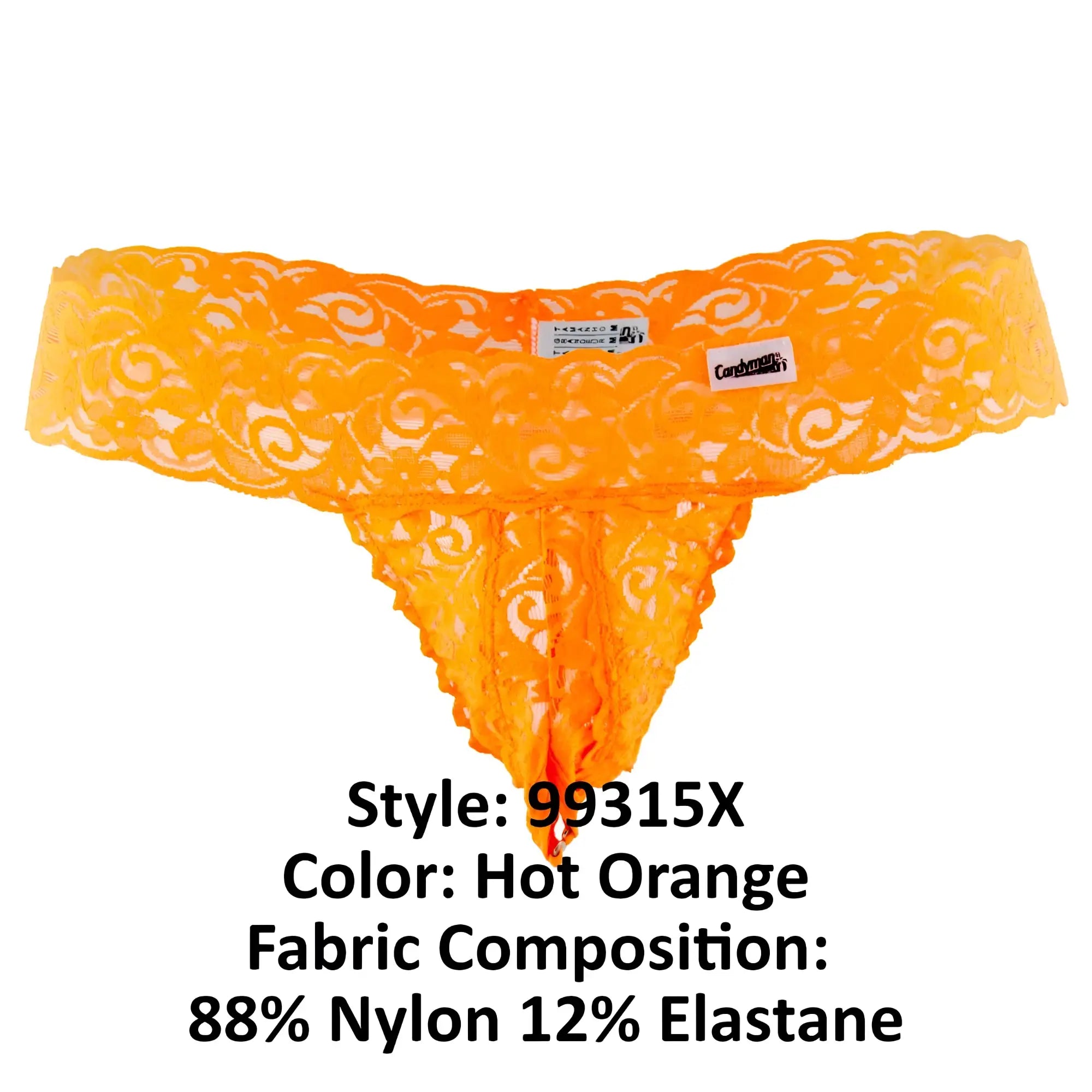 Hot orange CandyMan 99315X peek a boo lace thong with intricate swirling patterns and sheer delicate fabric