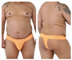 Orange lace thong with intricate floral pattern and small brand tag on waistband candyMan 99315X peek a boo lace thong