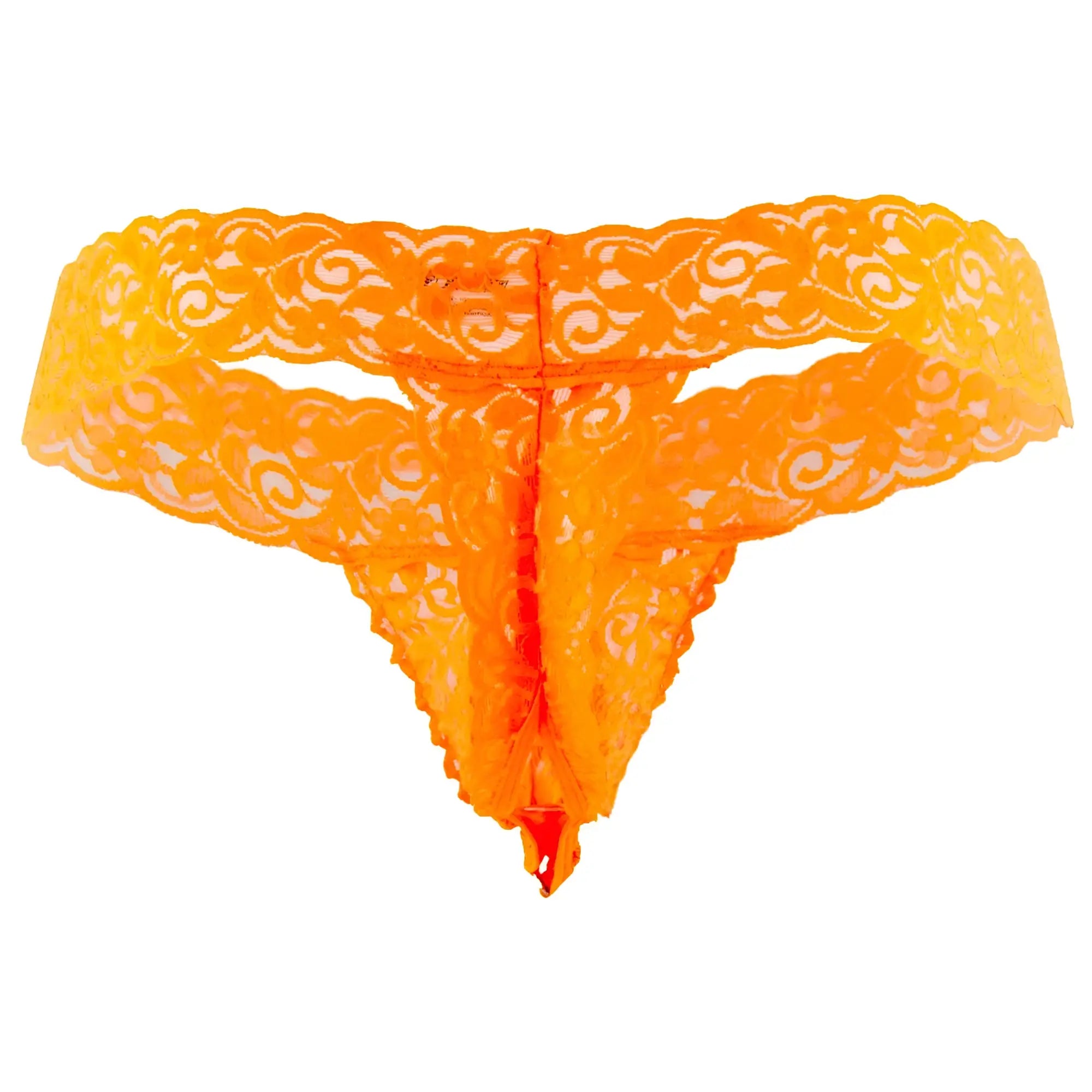 CandyMan 99315X peek a boo lace thong in vibrant hot orange with intricate swirling patterns and sheer delicate fabric