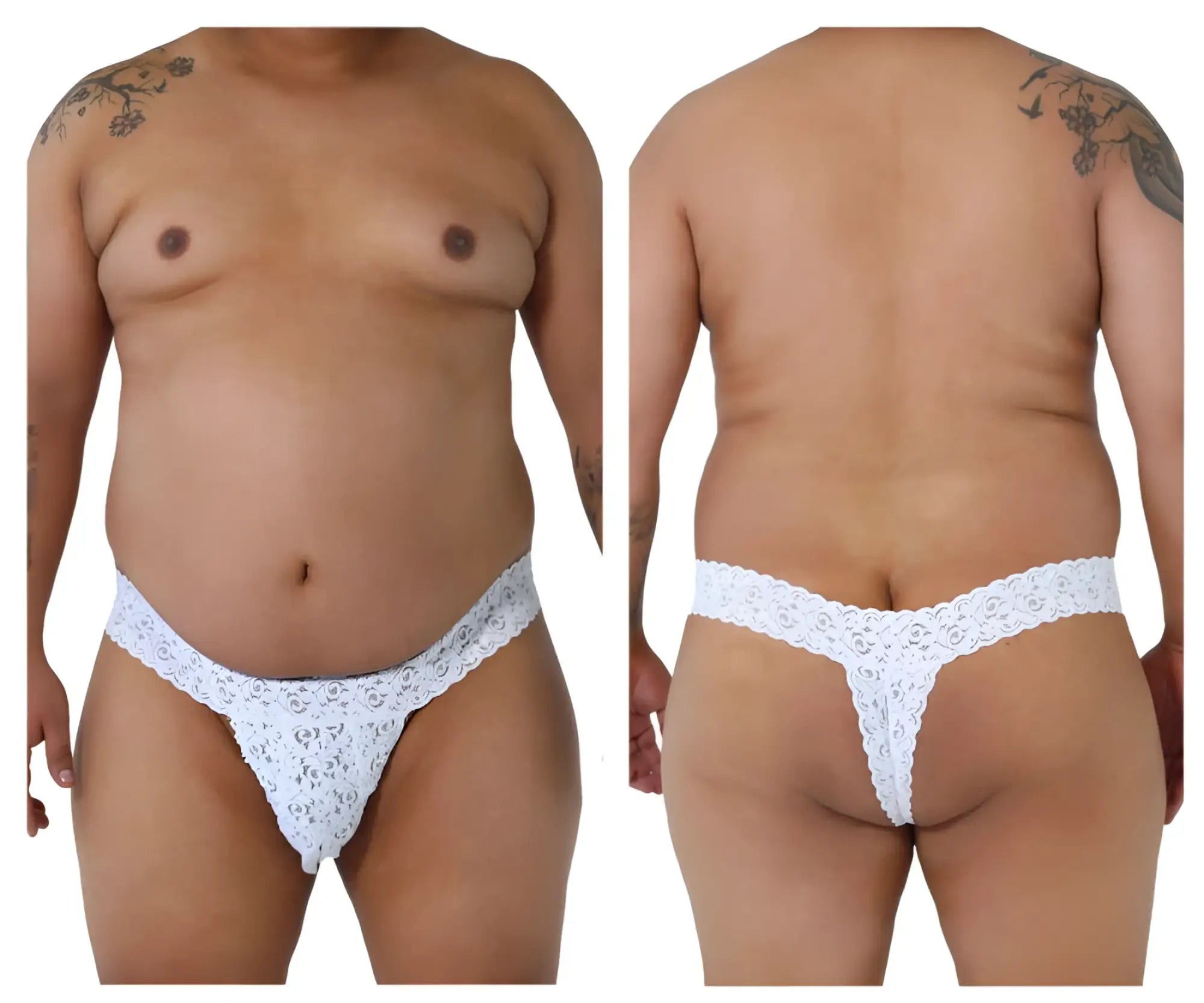 White lace thong candyMan 99315X with intricate floral pattern peek a boo design in white color