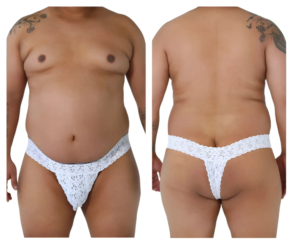 White lace thong candyMan 99315X with intricate floral pattern peek a boo design in white color