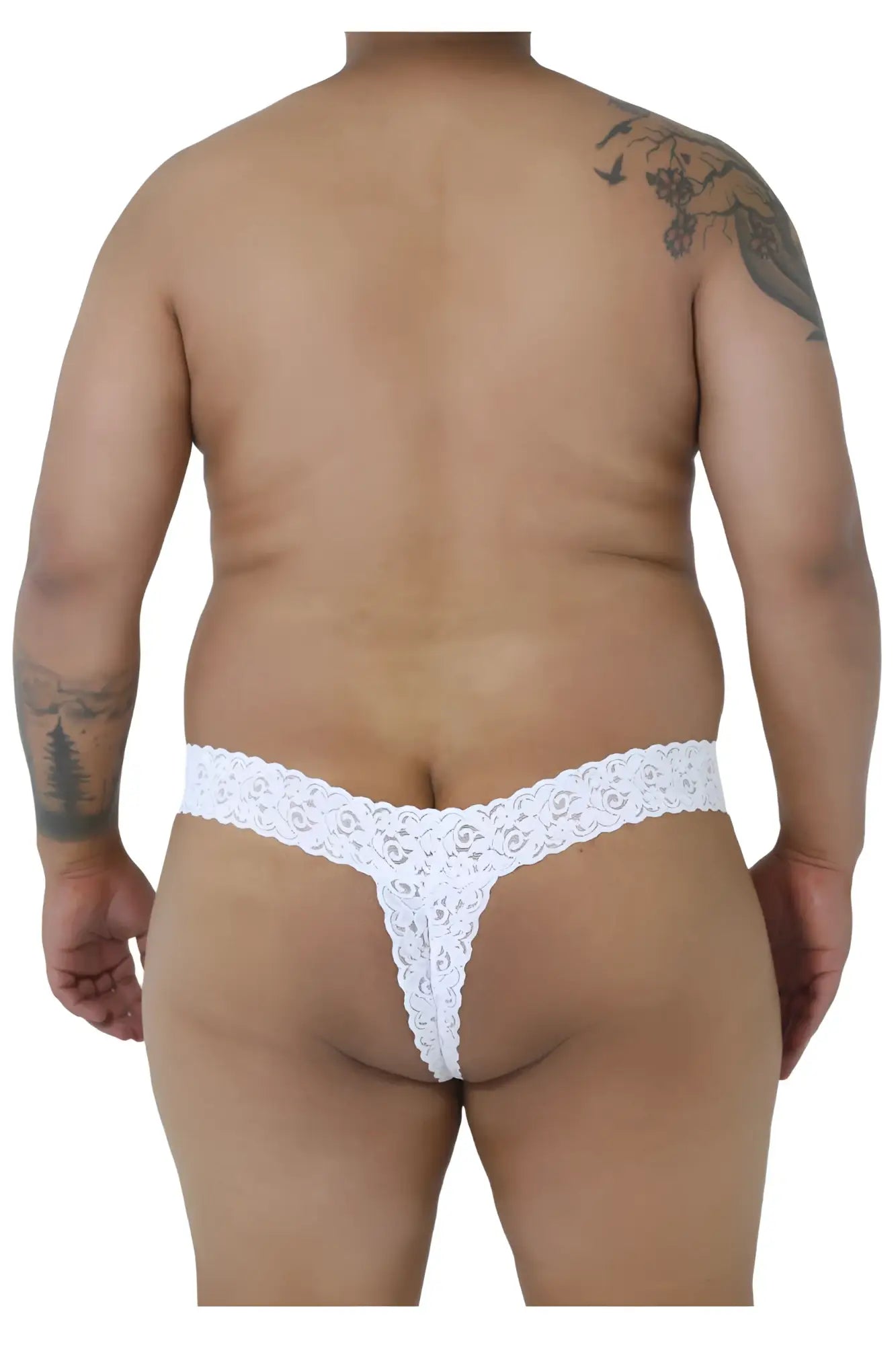 White lace thong candyMan 99315X with intricate floral pattern designed for peek a boo style in white color