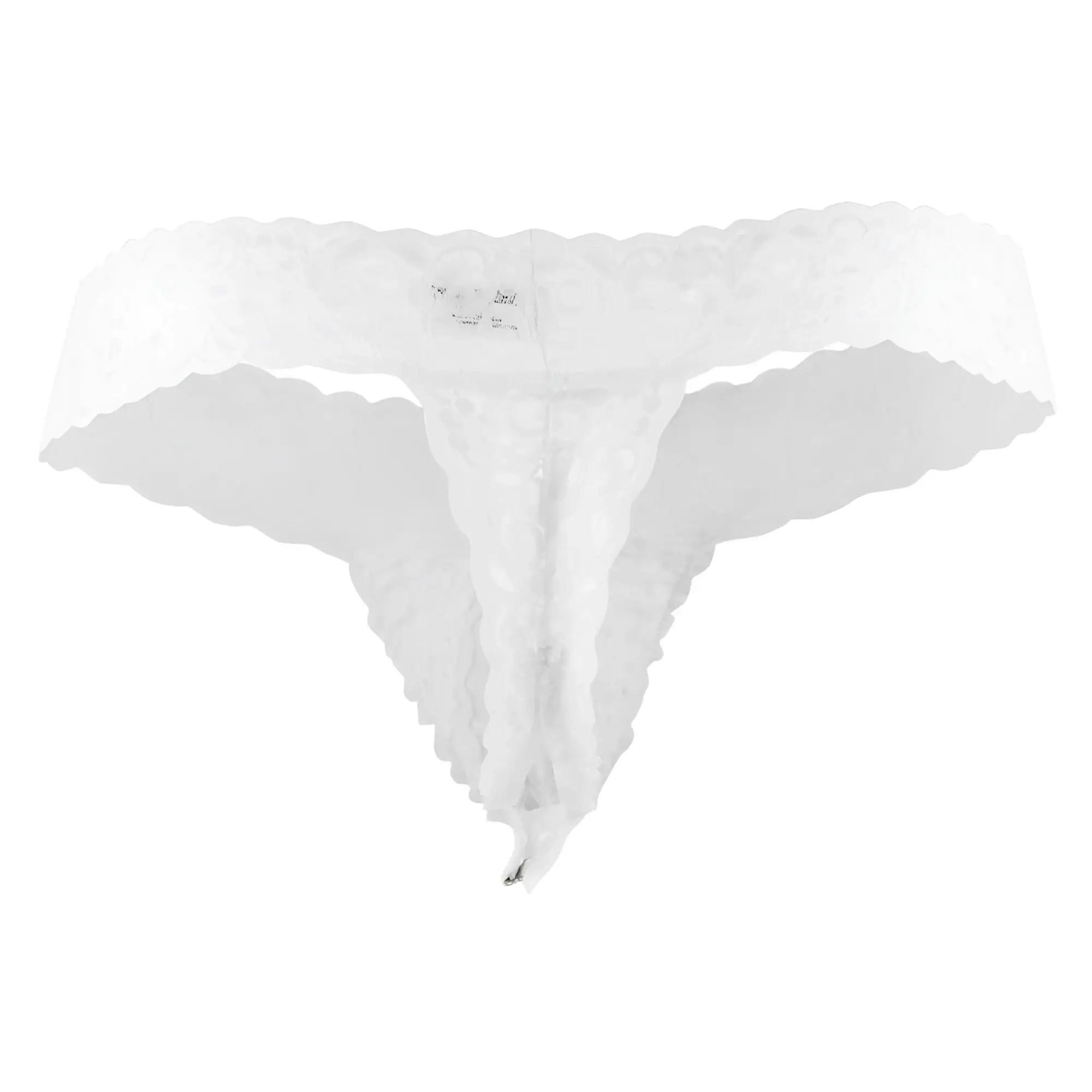 White lace thong candyMan 99315X with scalloped edges and delicate floral pattern in white front view