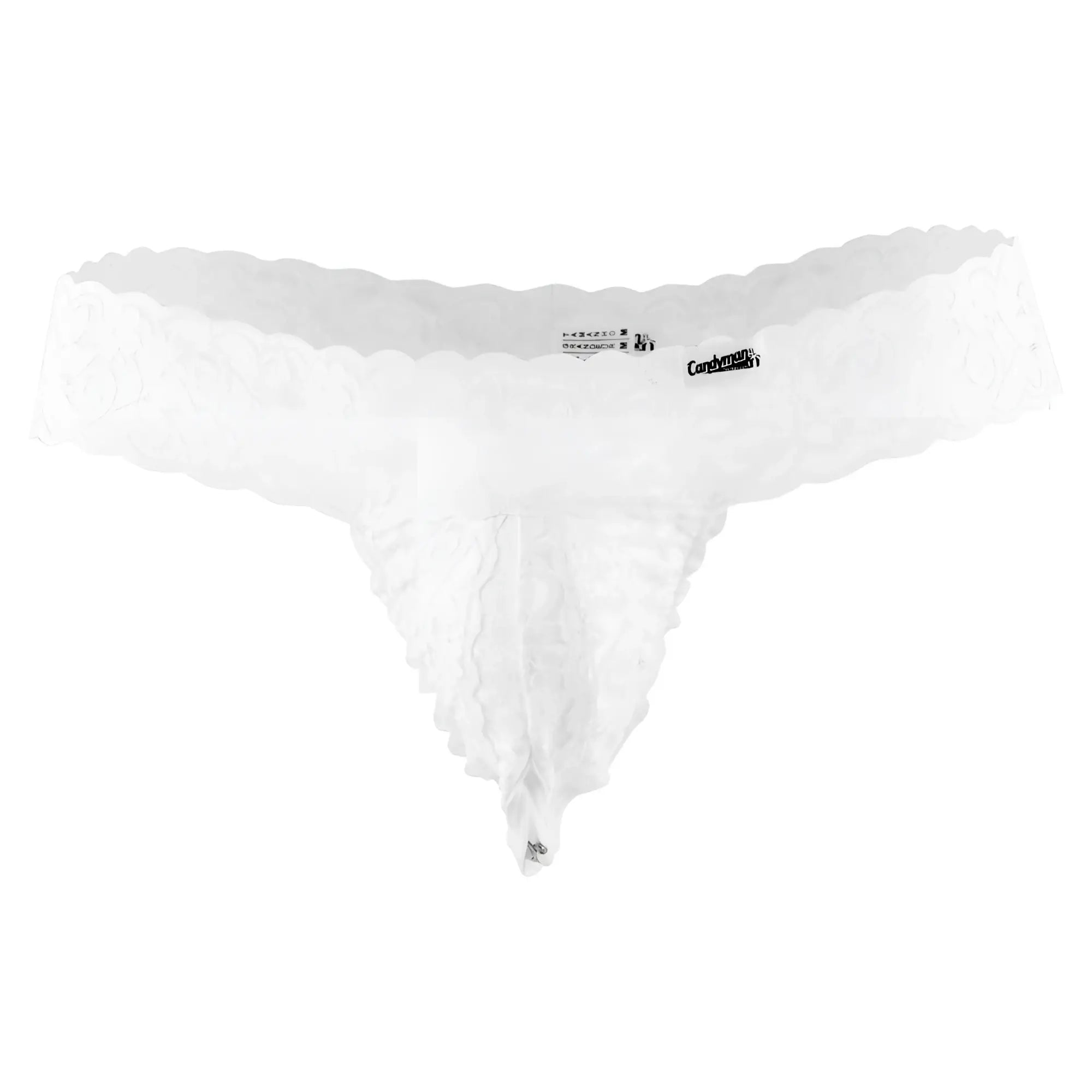 White lace thong candyMan 99315X with scalloped edges and sheer delicate design, front view