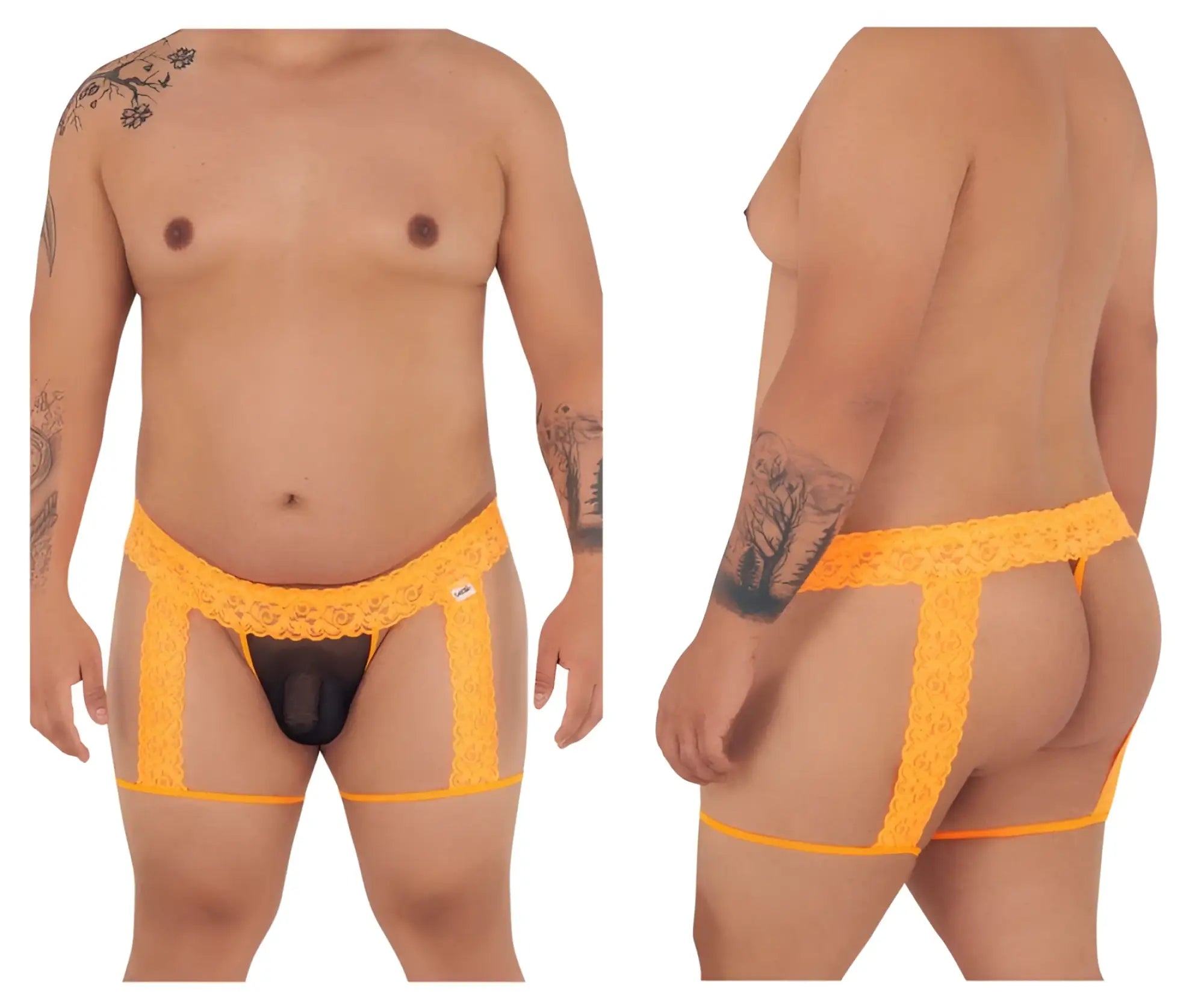 Bright orange lace-trimmed men’s thong with black central panel from Candyman 99369X thongs collection