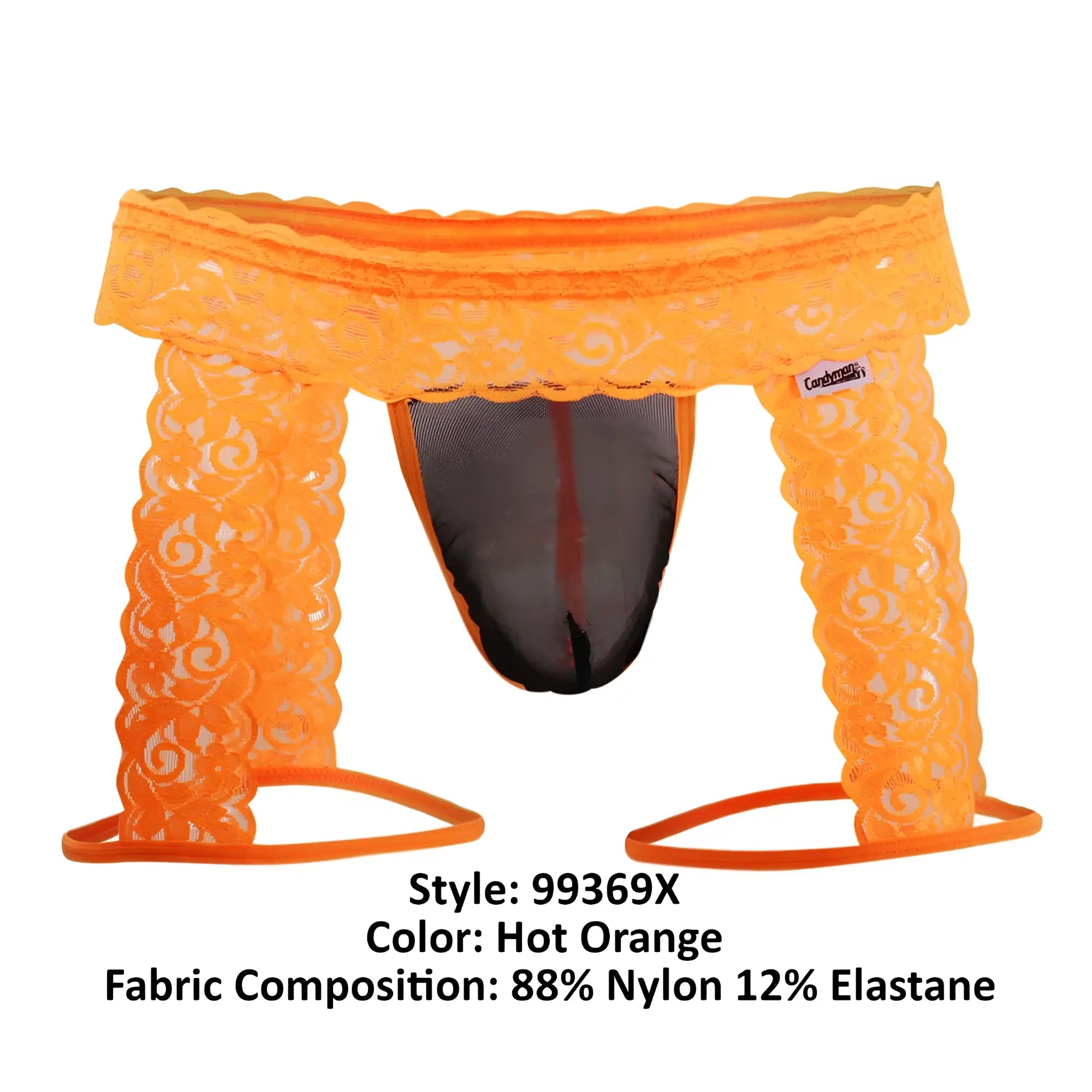 Hot orange CandyMan 99369X thong with black mesh interior and elasticized leg bands showing front side