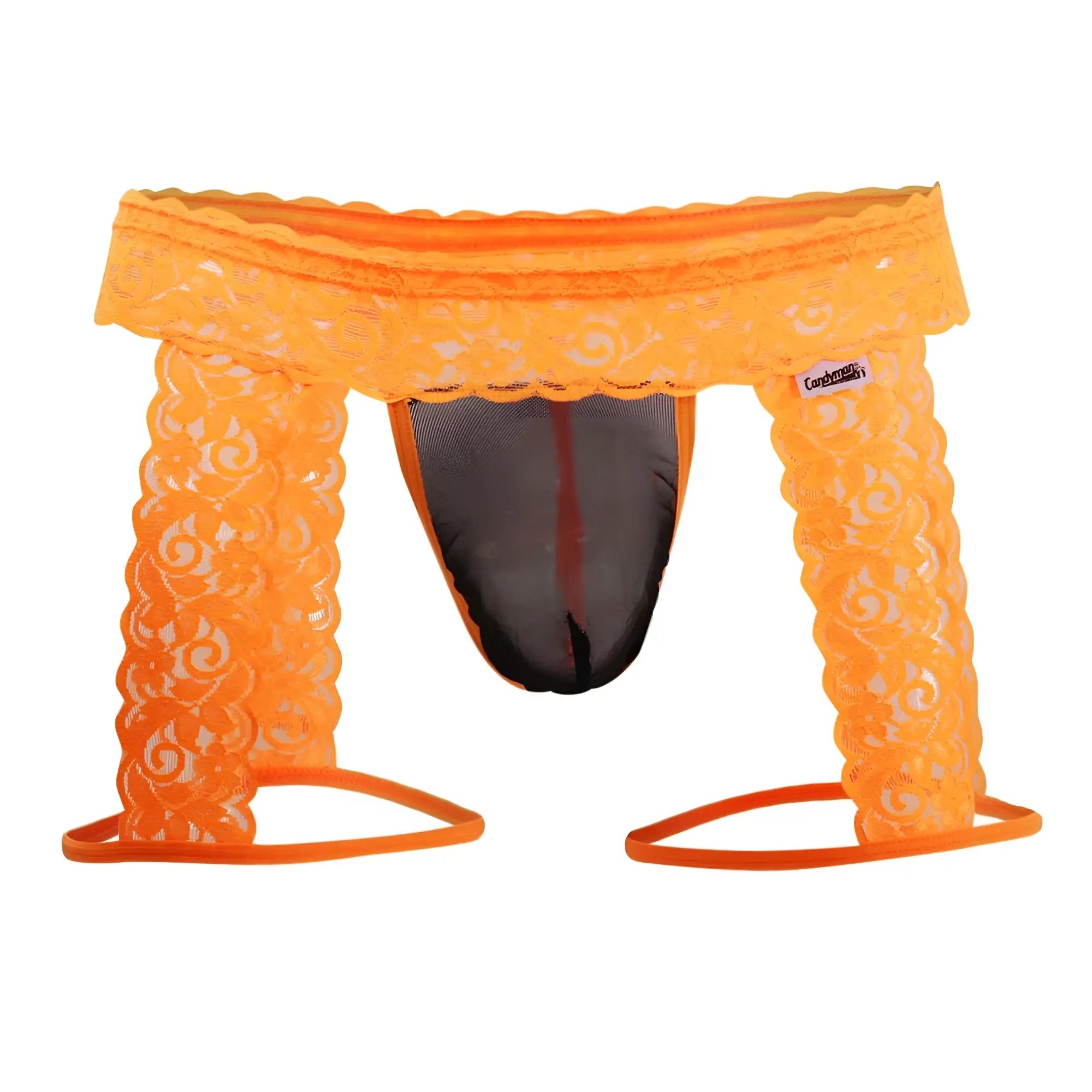 Orange lace thong with black mesh interior and elastic straps from candyman 99369x in hot orange color