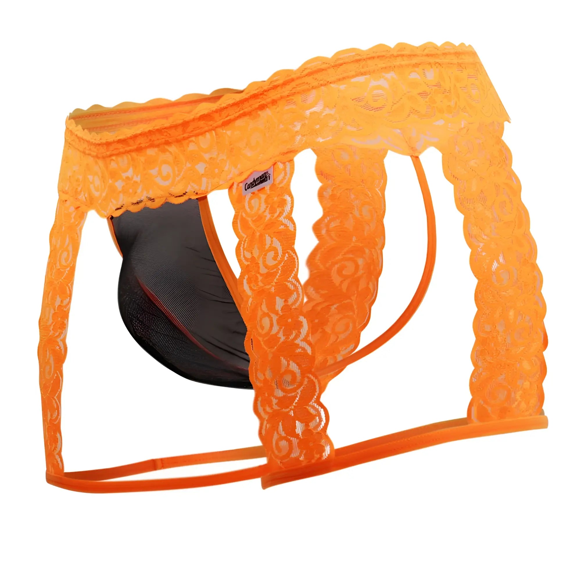 Orange lace-trimmed mens briefs with black mesh interior and elastic waistband candy man 99369x thong hot orange