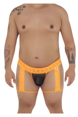 Vibrant orange CandyMan 99369X thongs feature lace-trimmed transparent briefs with a black inner panel