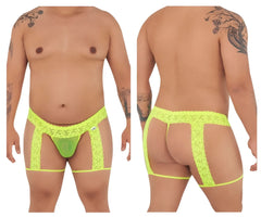 Bright neon green CandyMan 99369X thong with lace, sheer mesh panel, and matching leg straps in hot yellow color
