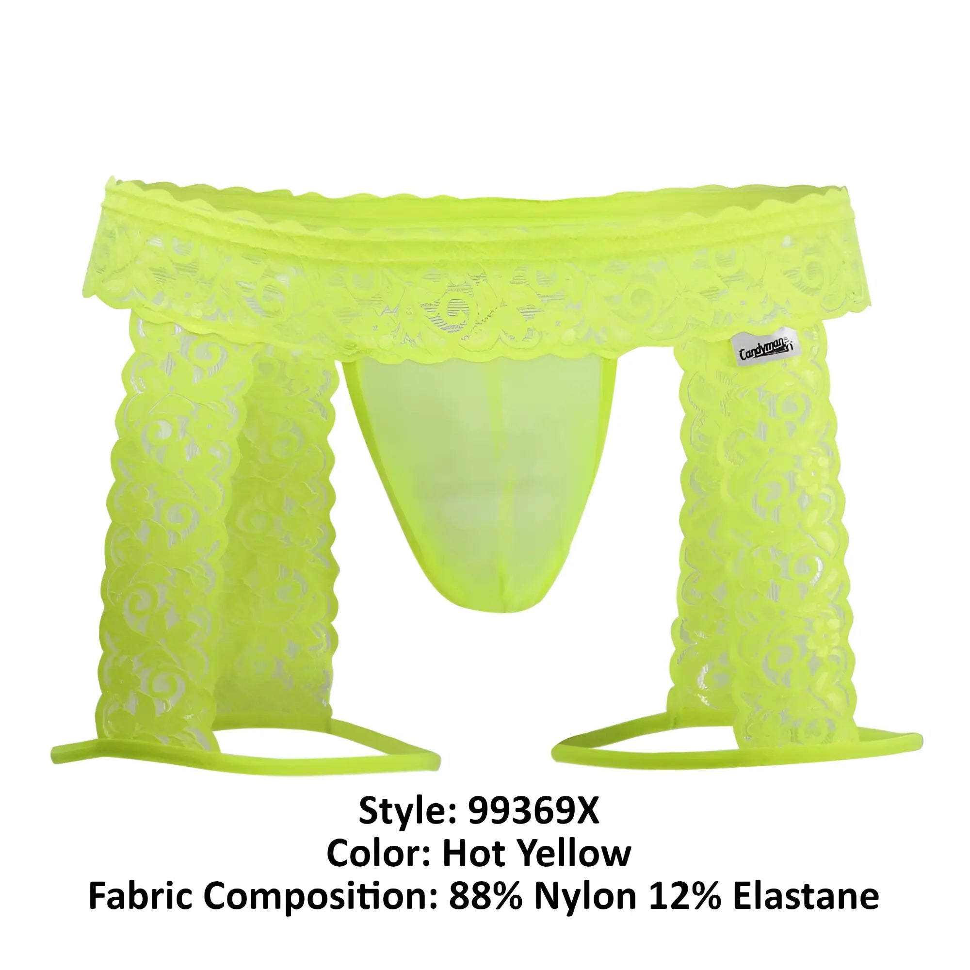 Hot yellow lace thong with scalloped edge and sheer patterned fabric from candyman 99369x thongs collection
