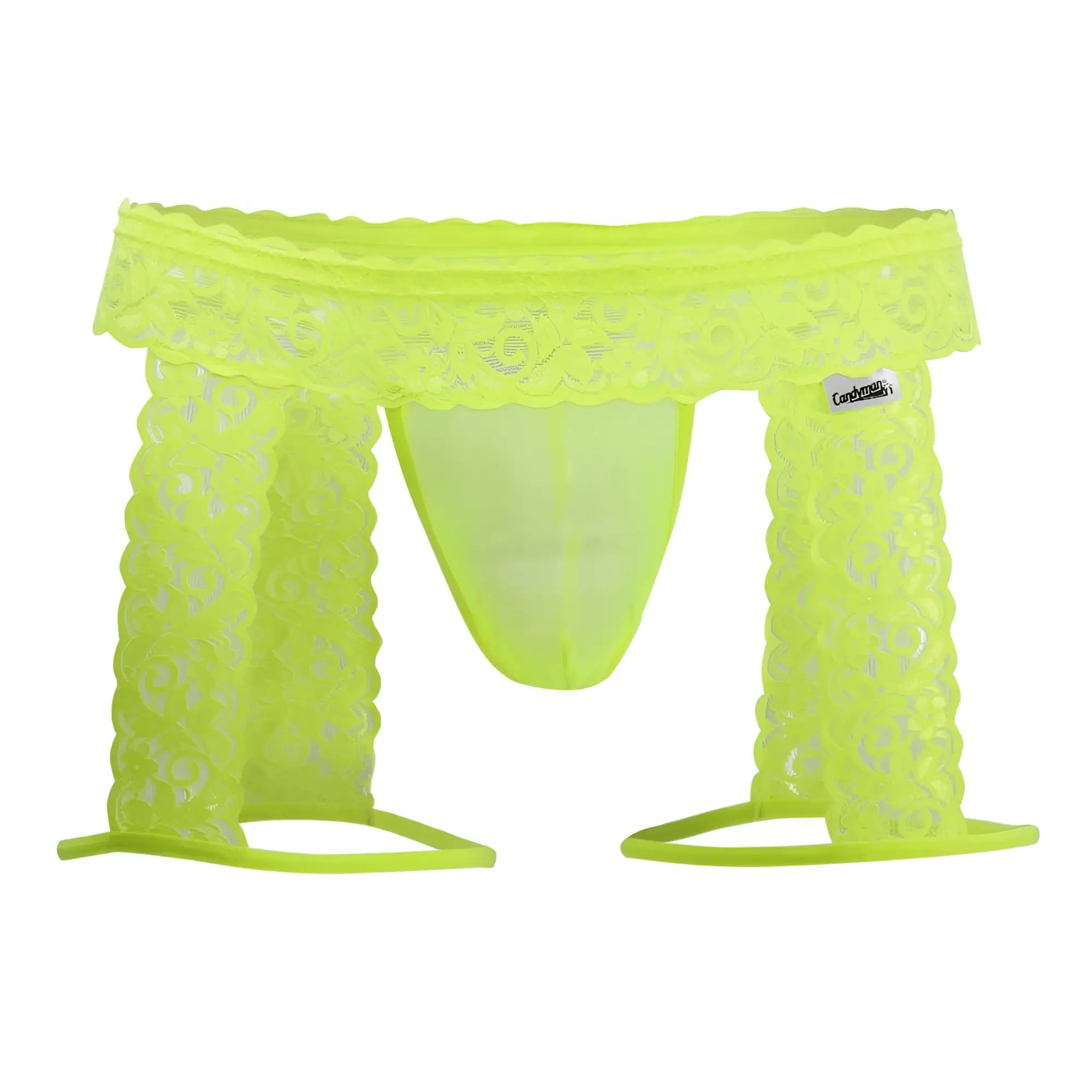 CandyMan 99369X neon green lace thong with scalloped edges and sheer patterned design in hot yellow color