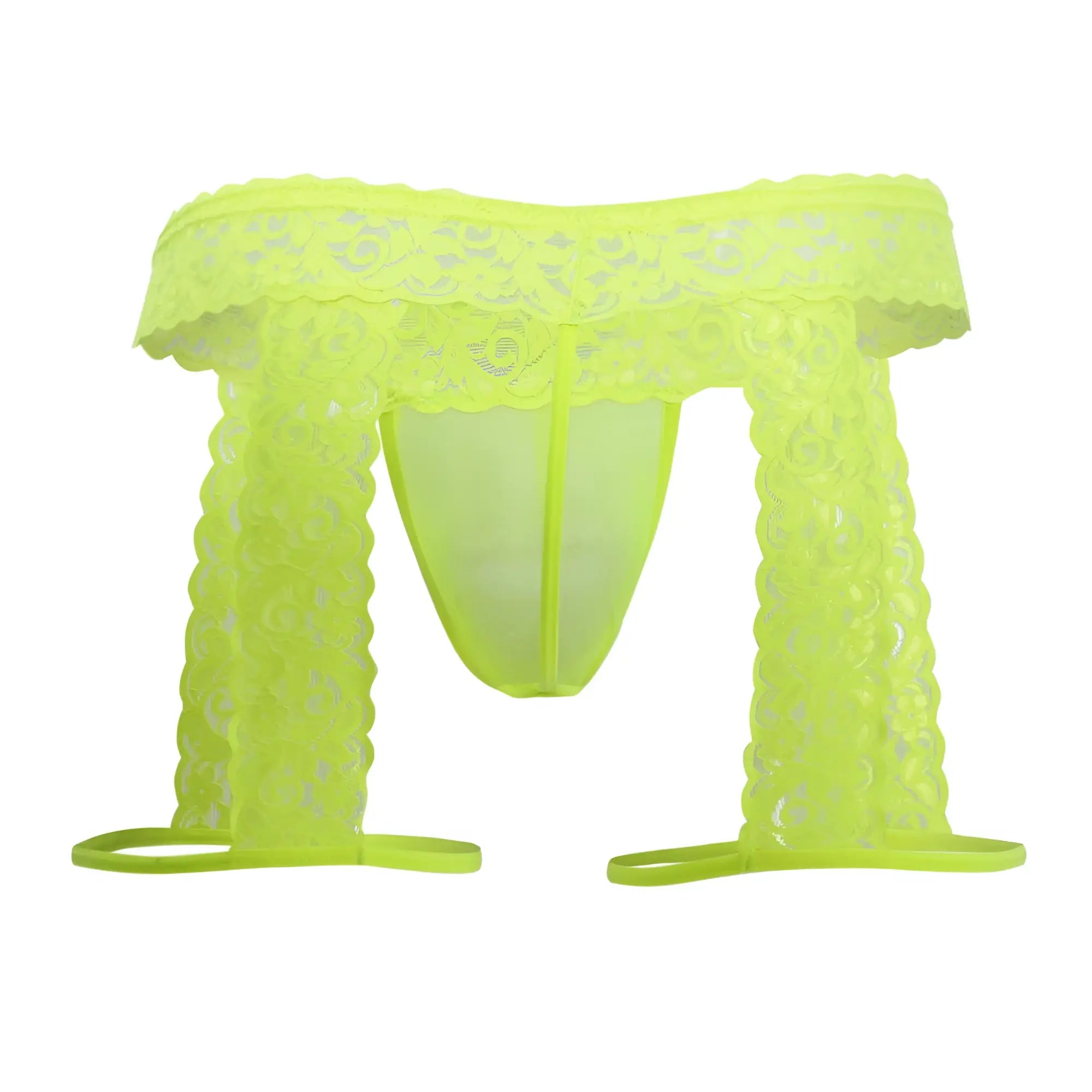 Neon green lace thong with scalloped edges and matching foot straps from candyman 99369x in hot yellow color