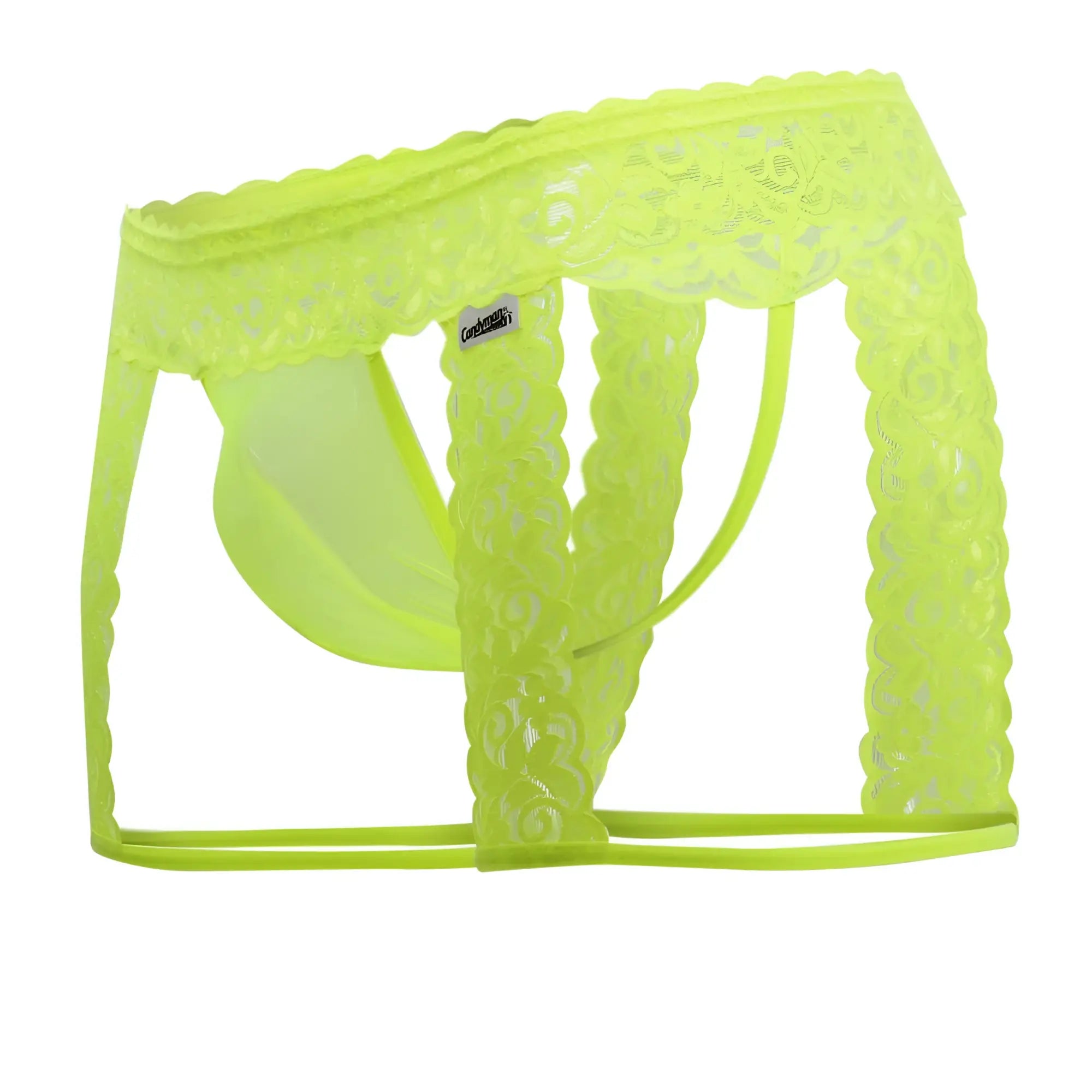 Vibrant neon green lace-trimmed mens briefs with sheer patterned design candyMan 99369X thongs color hot yellow