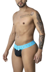 Black lace-trimmed briefs with a vibrant blue floral patterned waistband from candyman 99370 lace thongs color blue