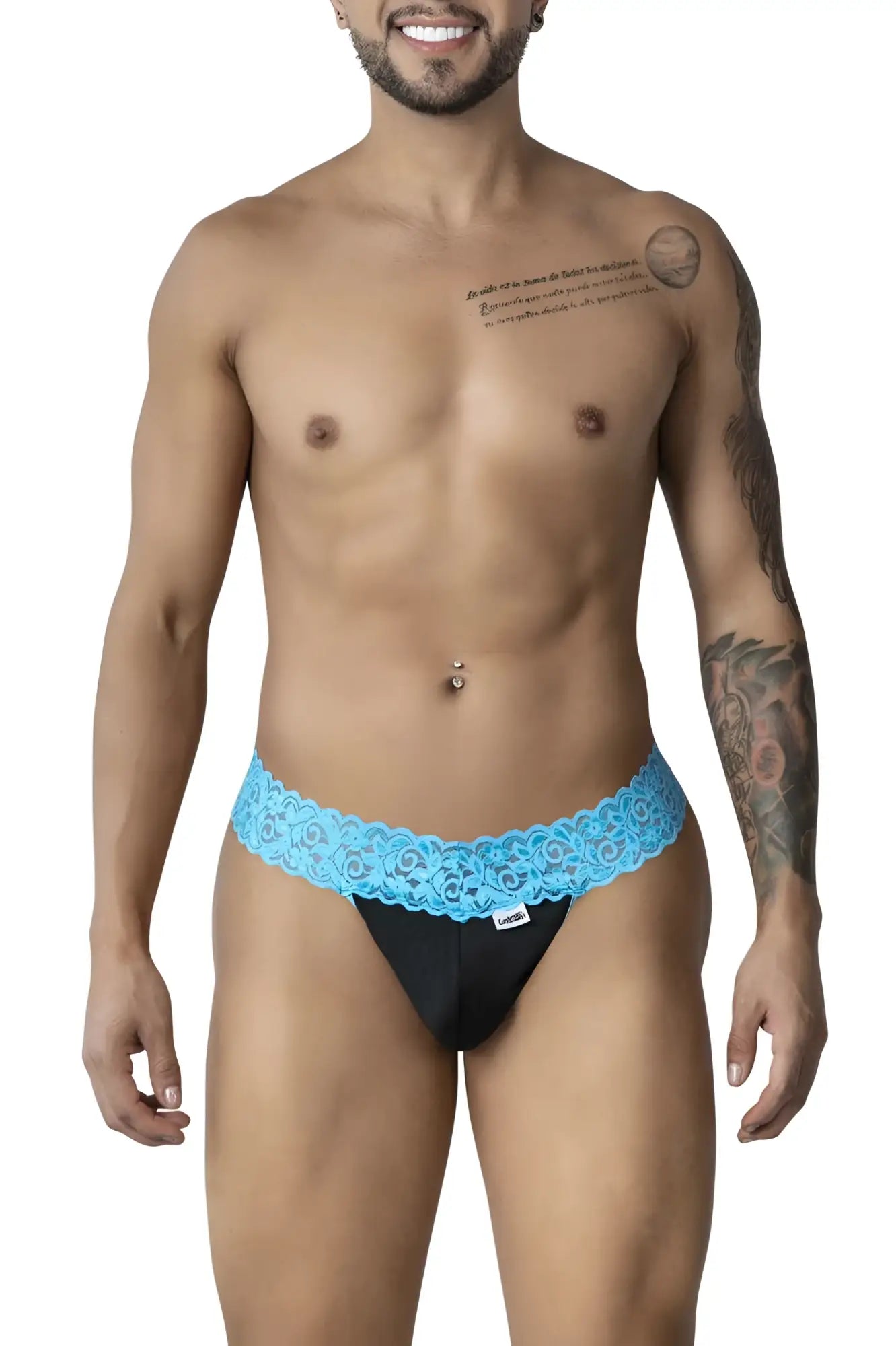 Black briefs with vibrant blue lace trim showcasing the back side of candyman 99370 lace thong in blue color