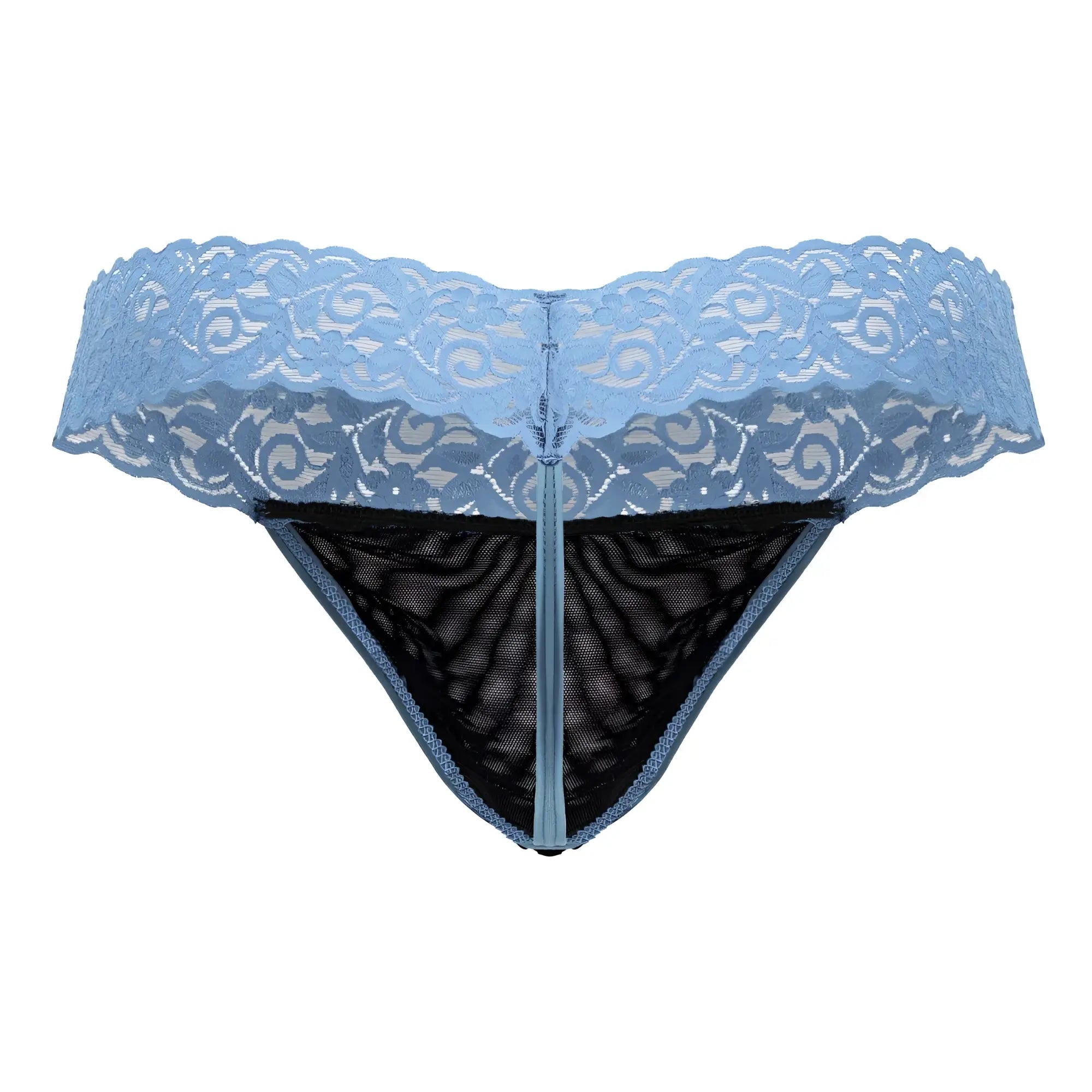 Light blue candyMan 99370 lace thong with black mesh interior and central zipper detail