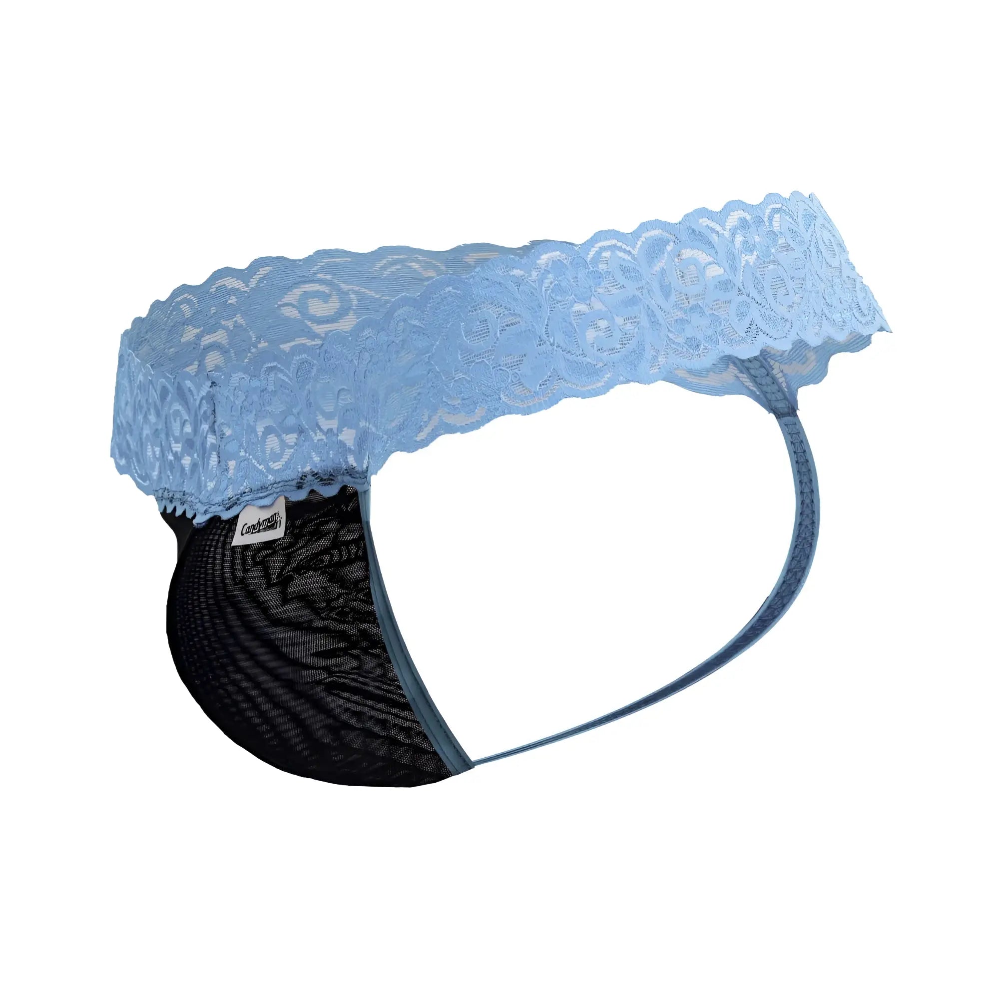 Light blue lace-trimmed black mesh briefs from candyman 99370 lace thongs collection in blue color