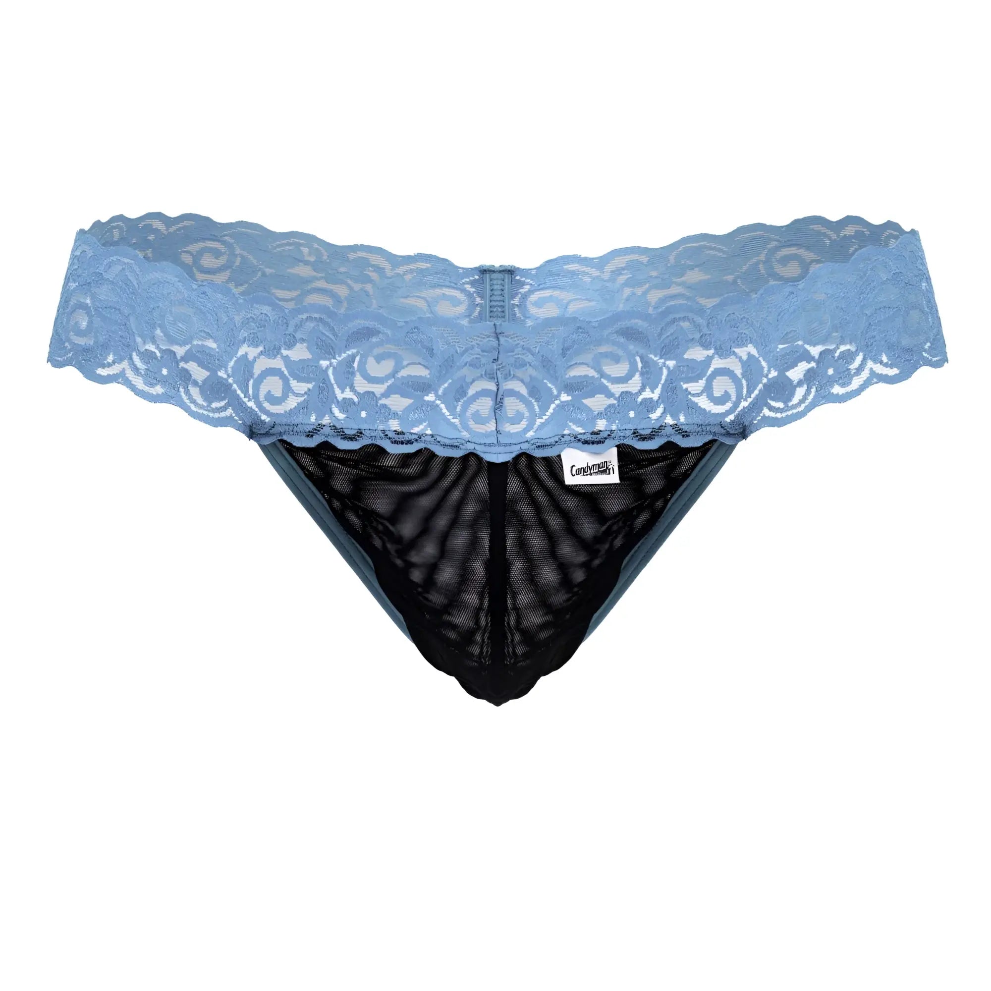 Light blue candyMan 99370 lace thong with black mesh interior and delicate lace trim for feminine comfort