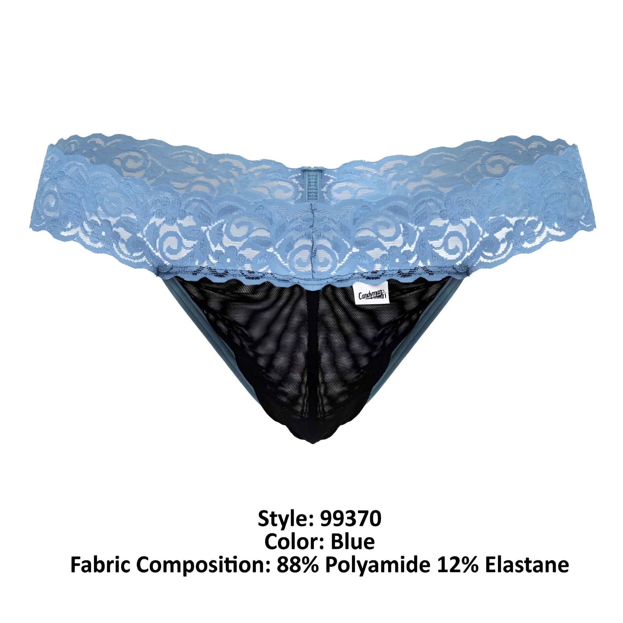 CandyMan 99370 blue lace thong with black mesh interior showcasing delicate lace trim and sheer fabric design