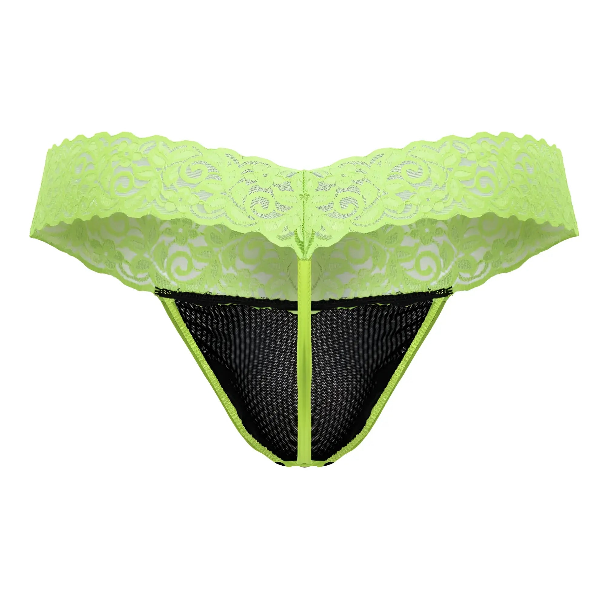 CandyMan 99370 lace thong in lime green with black mesh panel and central zipper detail