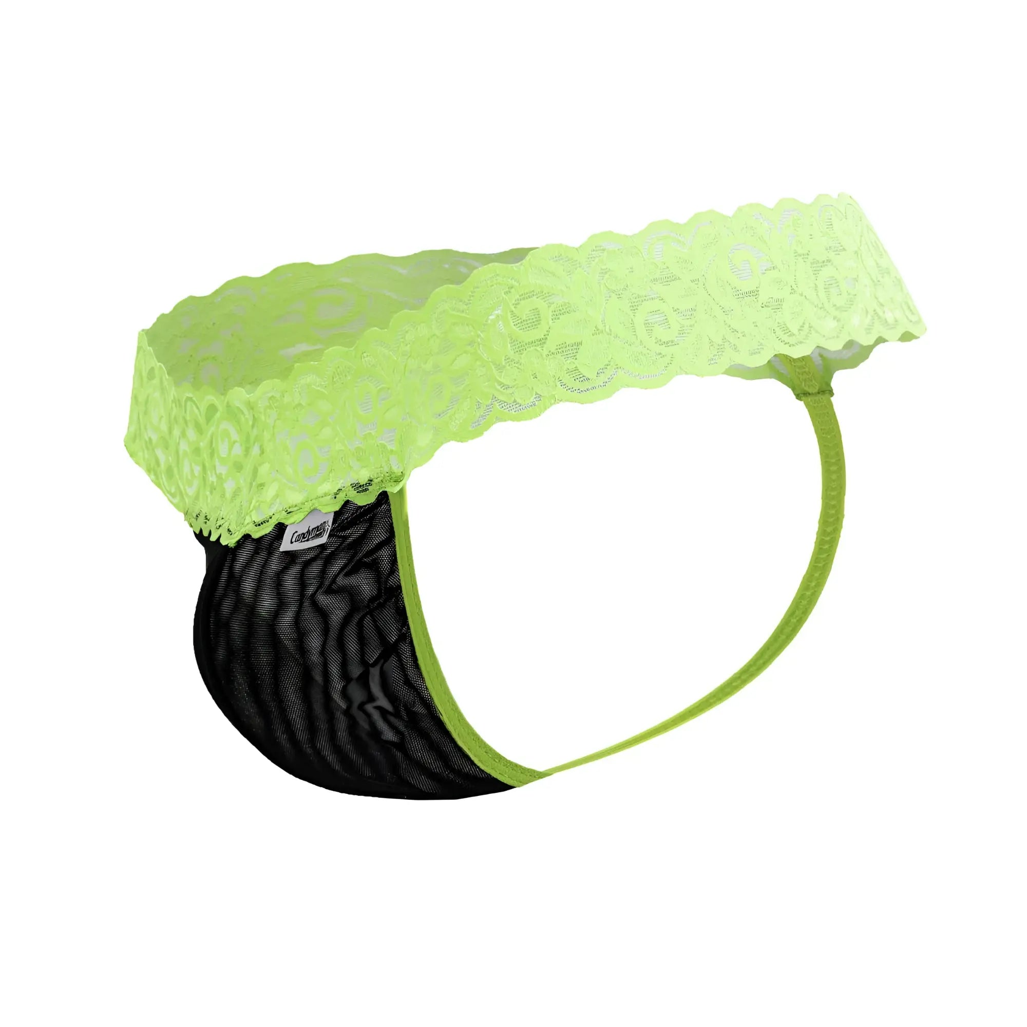 CandyMan 99370 lace thongs in hot green feature lime green lace-trimmed black mesh briefs front view