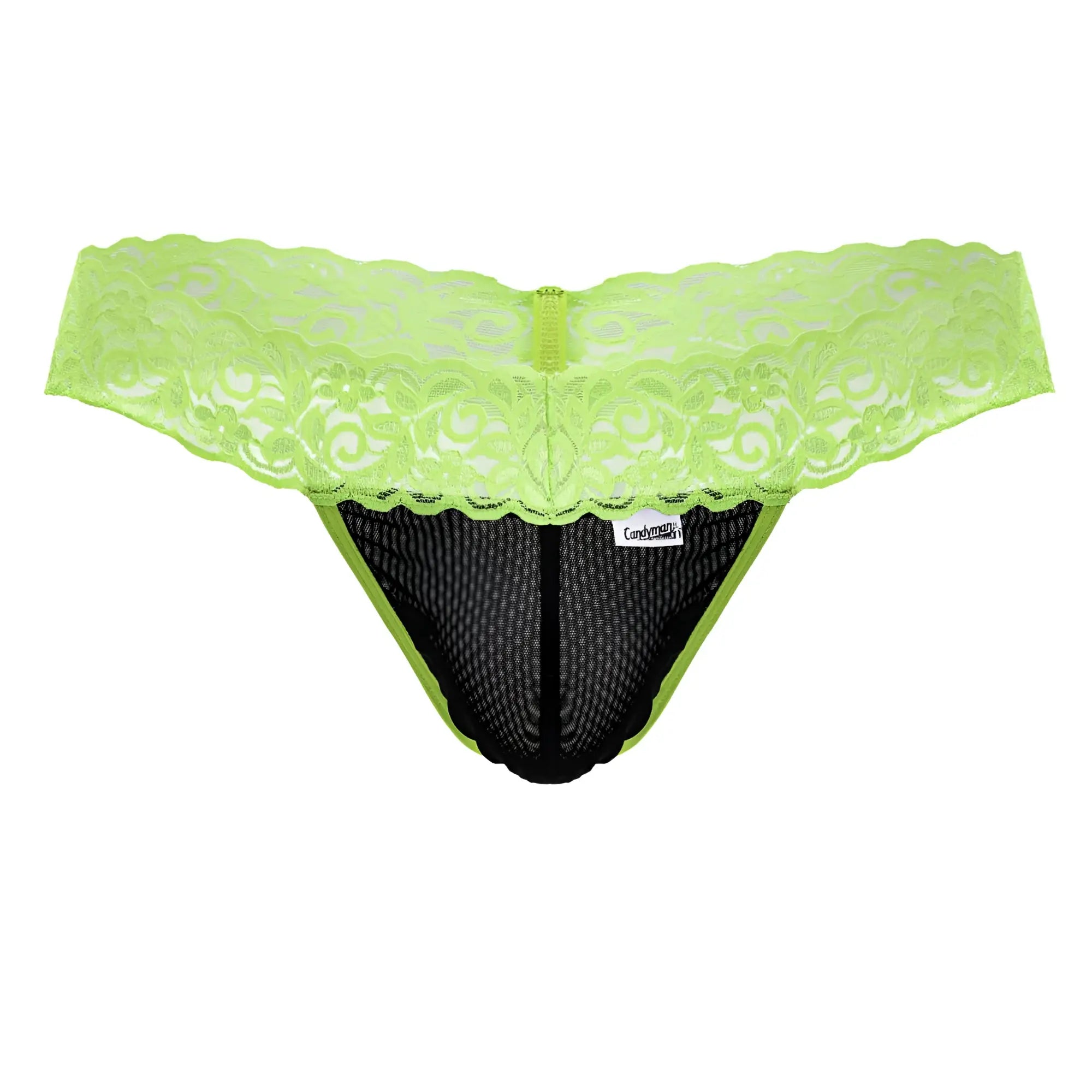 CandyMan 99370 lace thong in hot green lime with black mesh and lace trim featuring a central zipper
