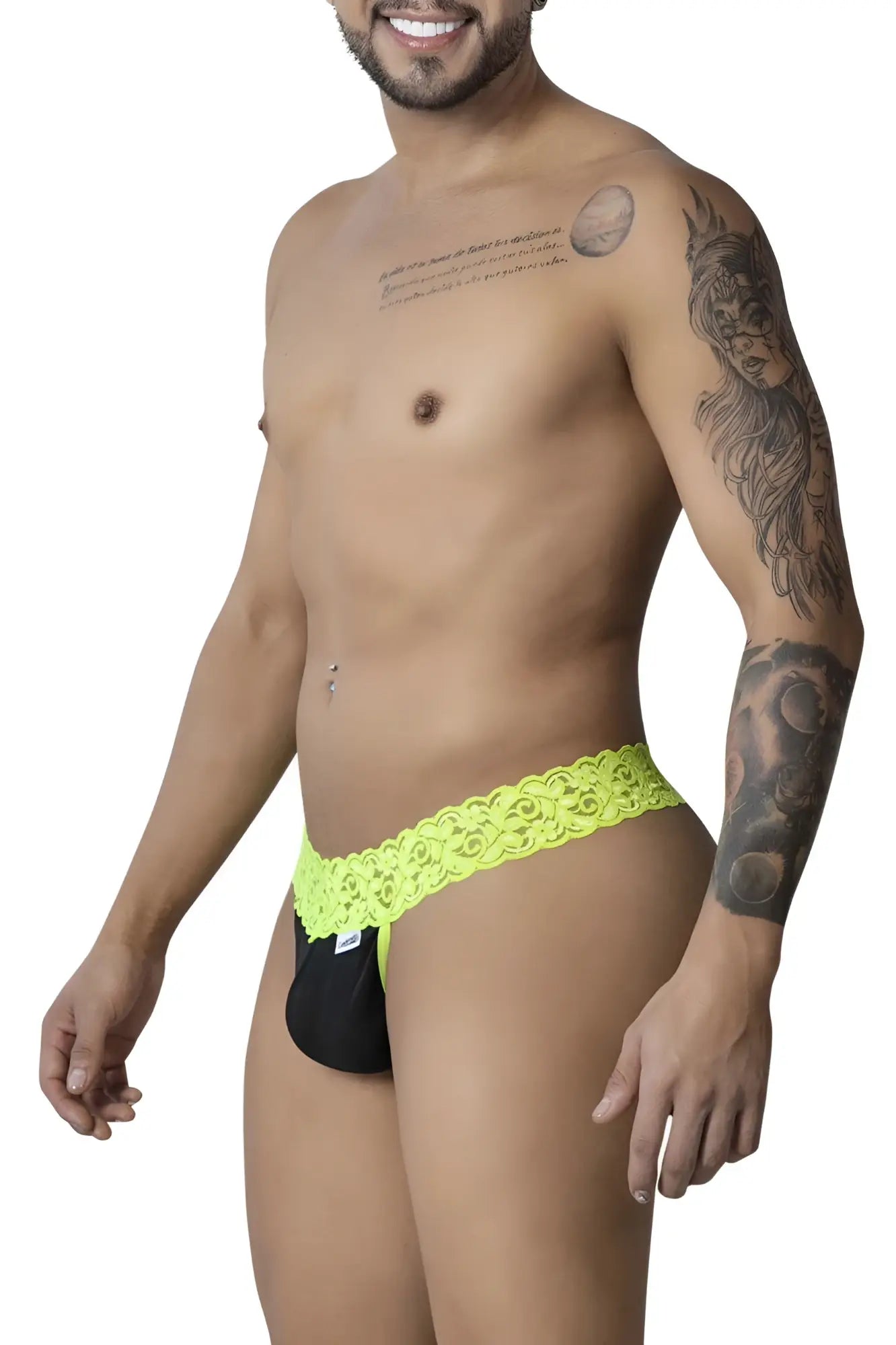 CandyMan 99370 lace thongs in hot green feature vibrant neon green lace-trimmed black briefs front view