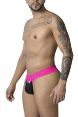 CandyMan 99370 lace thongs in hot pink with bright pink lace-trimmed black briefs front view