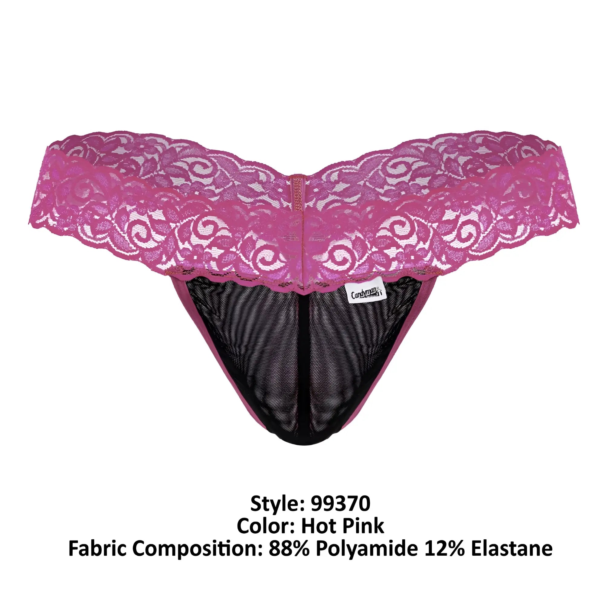 Hot pink CandyMan 99370 lace thong with black mesh interior and central zipper for stylish lingerie wear