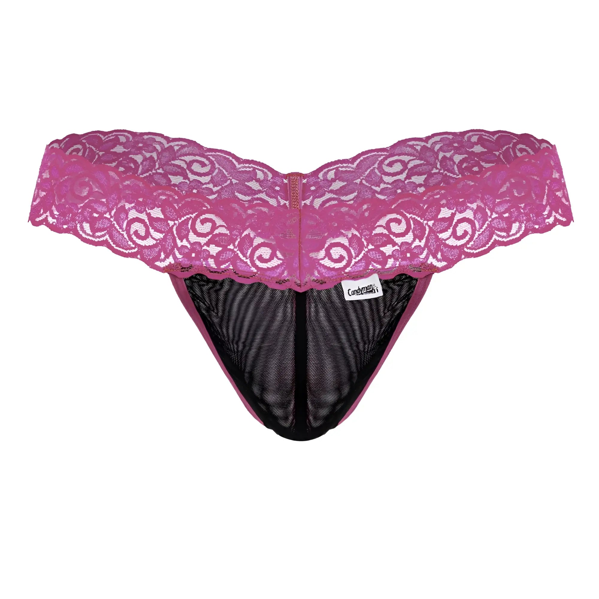 Pink lace thong CandyMan 99370 with black mesh interior and central zipper for a bold, sexy look