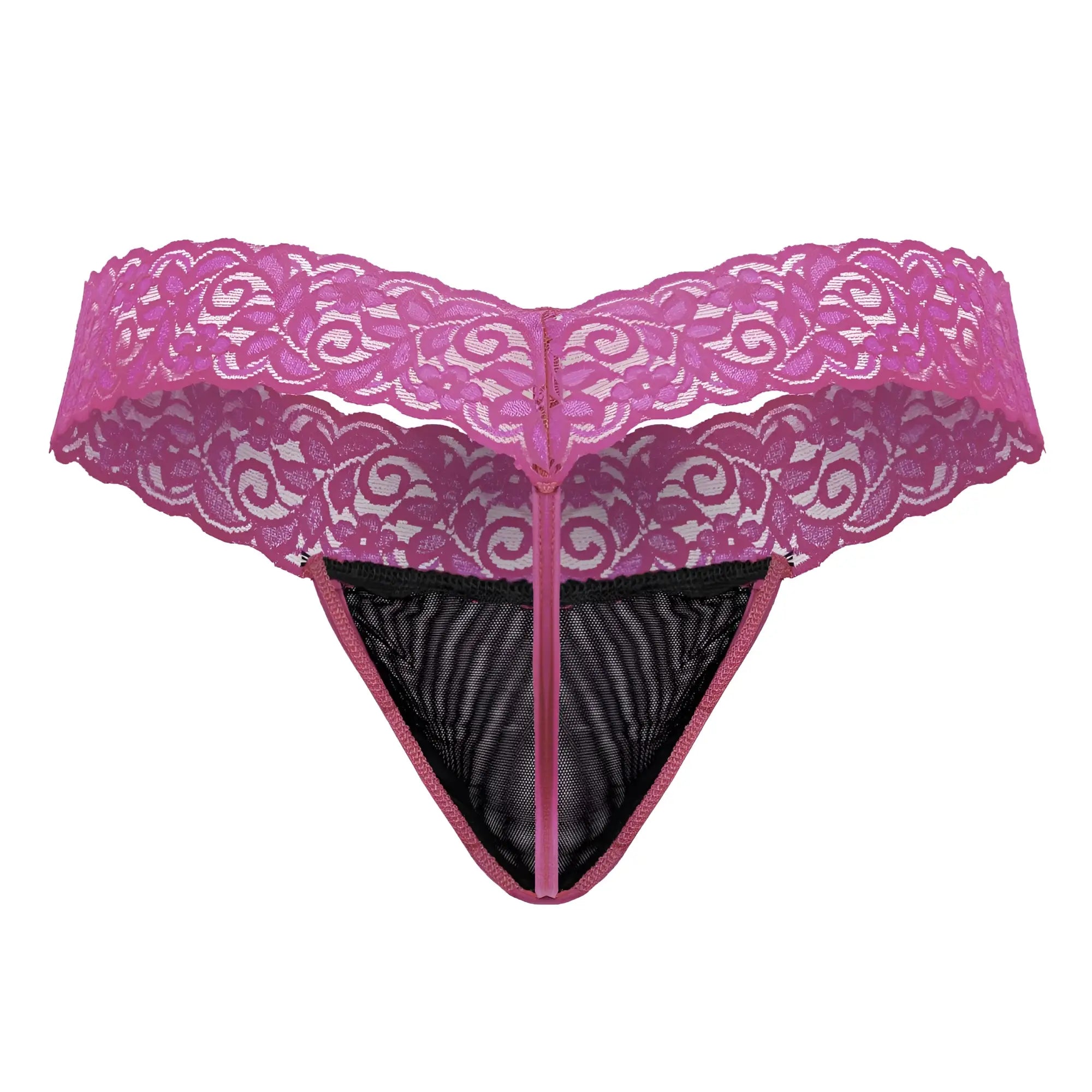 CandyMan 99370 hot pink lace thong with black mesh panel and matching zipper for stylish intimate wear