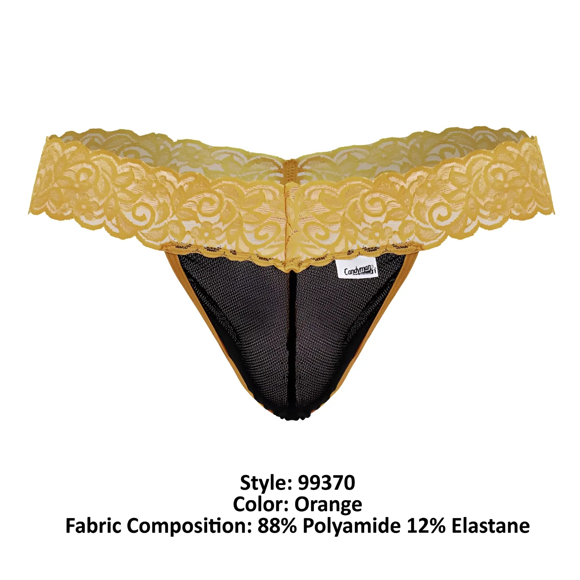 Delicate orange CandyMan 99370 lace thong with black mesh interior and gold trim shown from the back side