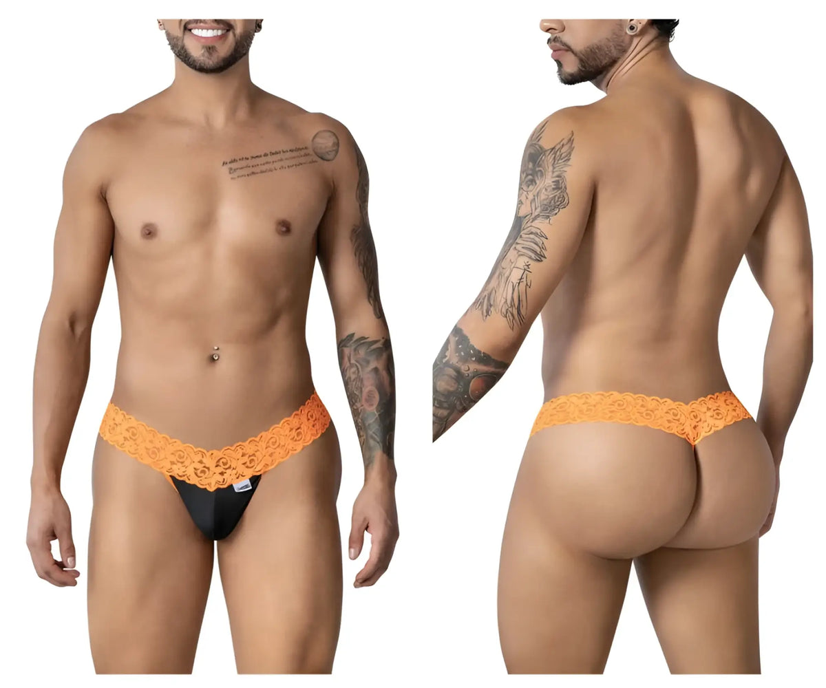 Orange lace-trimmed black thong from candyman 99370 lace thongs collection showing front view